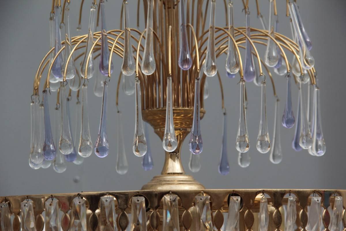 Italian Pair of Chandelier Crystal and Gold Metal-Plated, 1970s For Sale