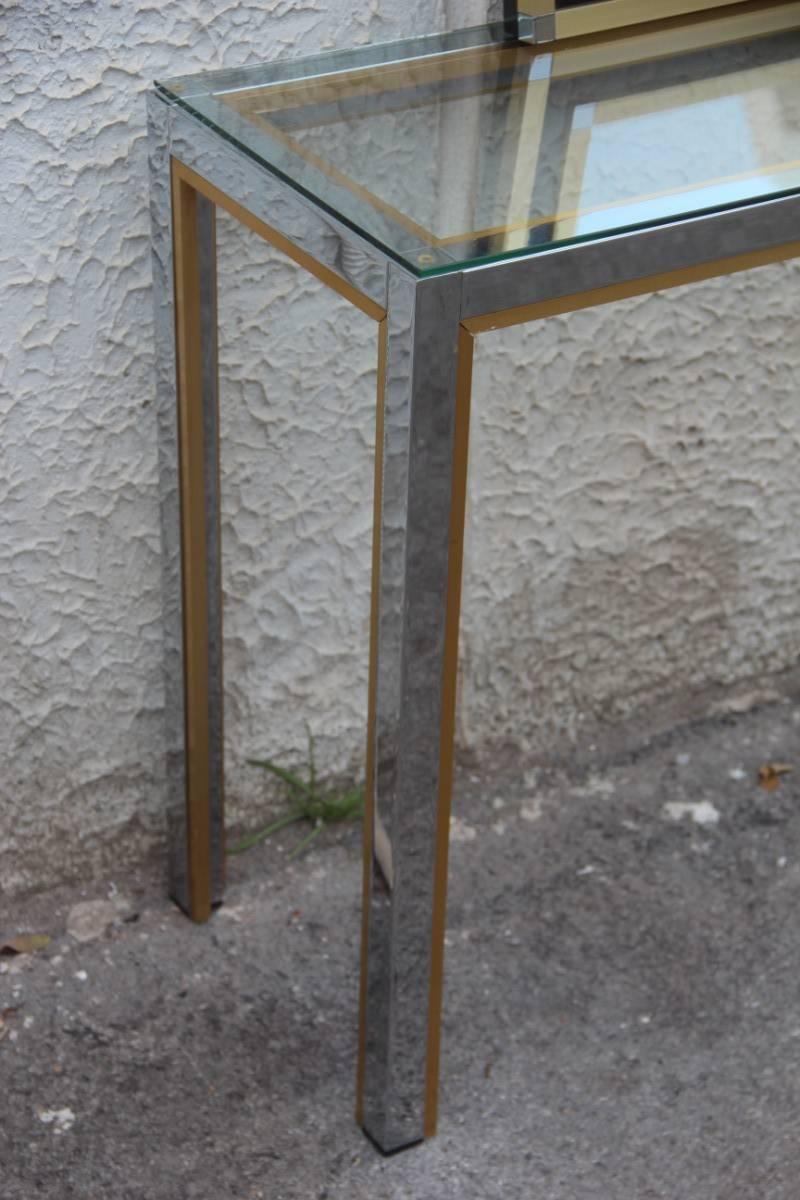 Italian console steel and brass minimal design 1970s Rome Rega, upper glass top.