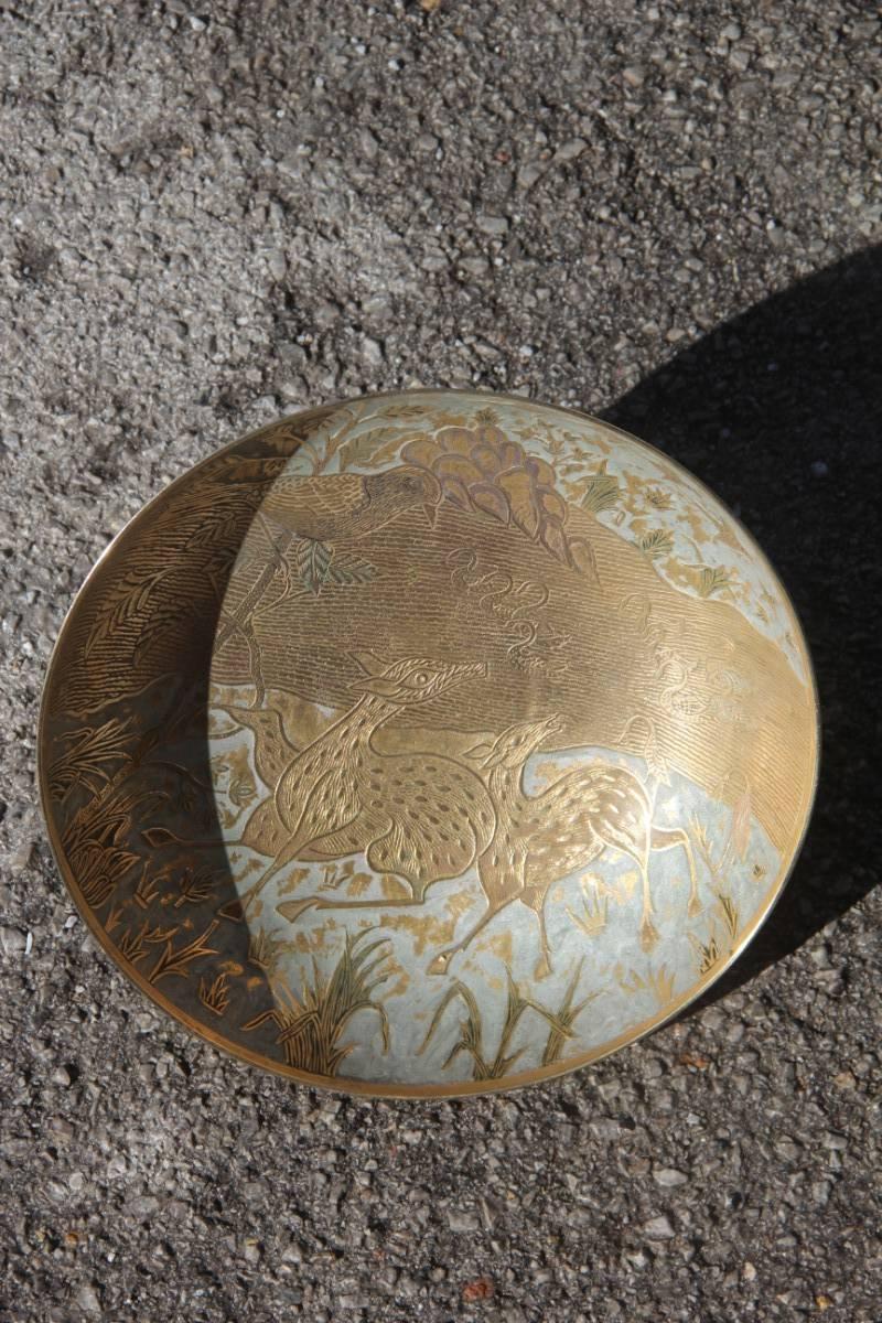 Mid-20th Century Brass Bowl with Engravings and Oriental Enamels For Sale