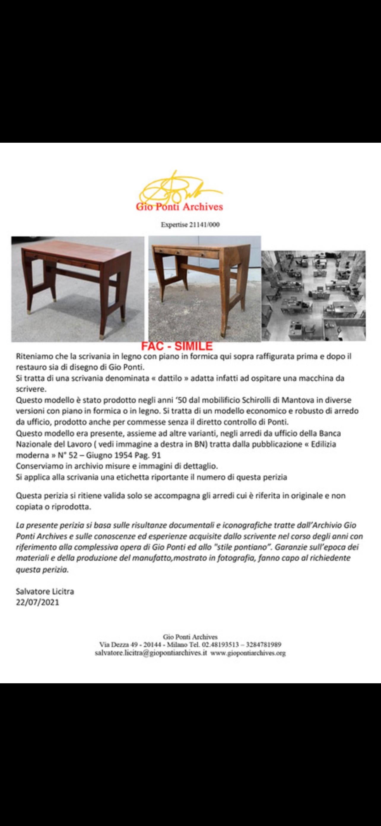 Gio Ponti Small Desk Mid-Century Italian Design Laminate Brass Walnut For Sale 14