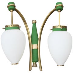 Retro Stilnovo Style White Glass Green and Golden Brass Italian Sconces, 1958