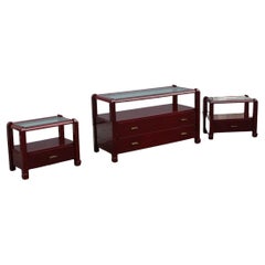 Bedroom dresser and nightstands set in Red Lacquer Tommaso Barbi 1970 brass