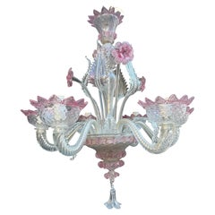 Piccolo Lampadario di Murano Rosa e trasparente con fiori e foglie 1950s Italia