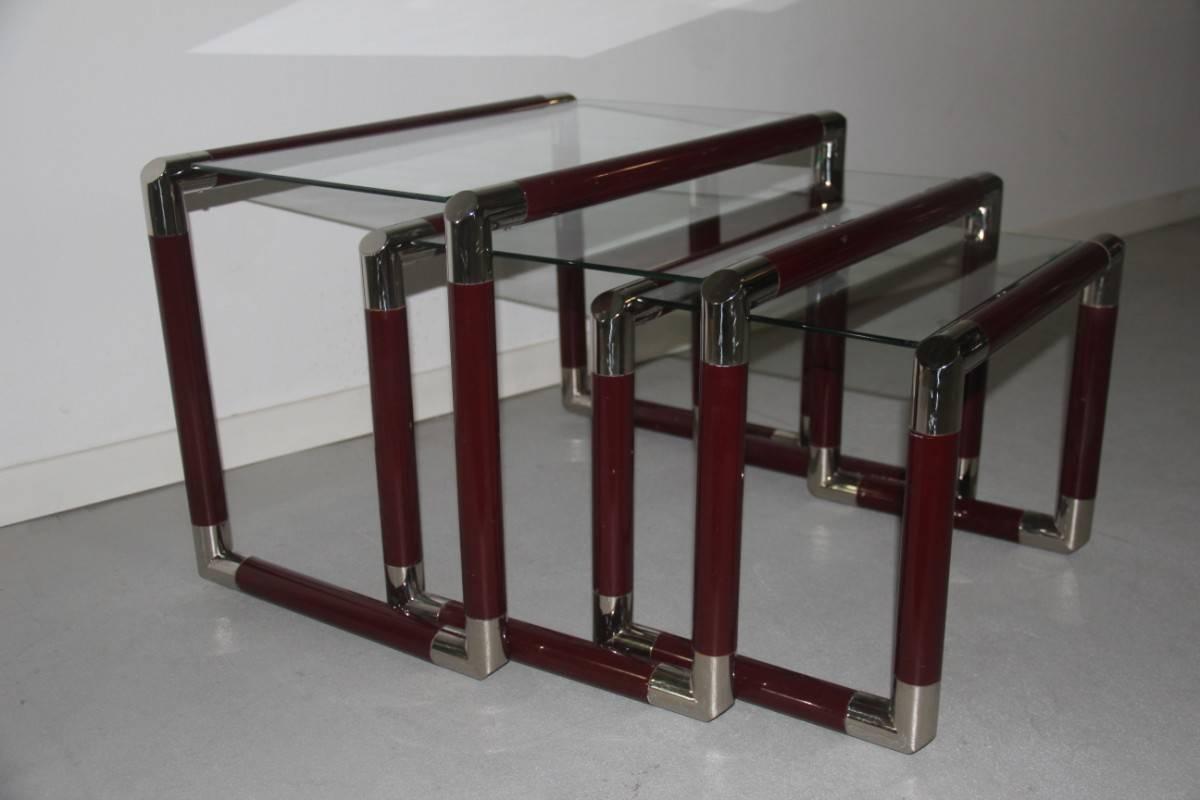 Triptych Nesting Tables 1960 Italian Design Lacquered Metal Chrome In Good Condition For Sale In Palermo, Sicily