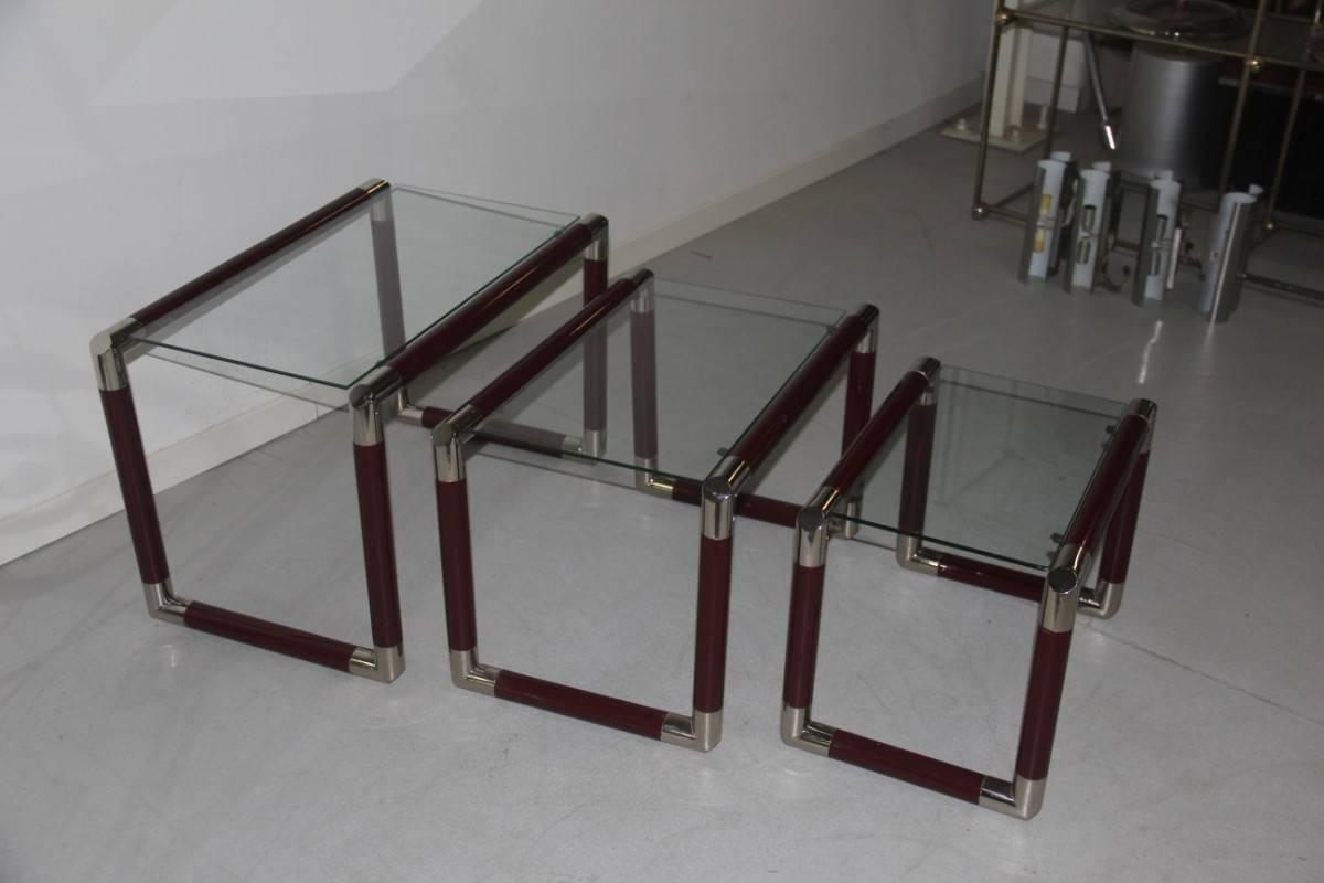 Mid-20th Century Triptych Nesting Tables 1960 Italian Design Lacquered Metal Chrome For Sale