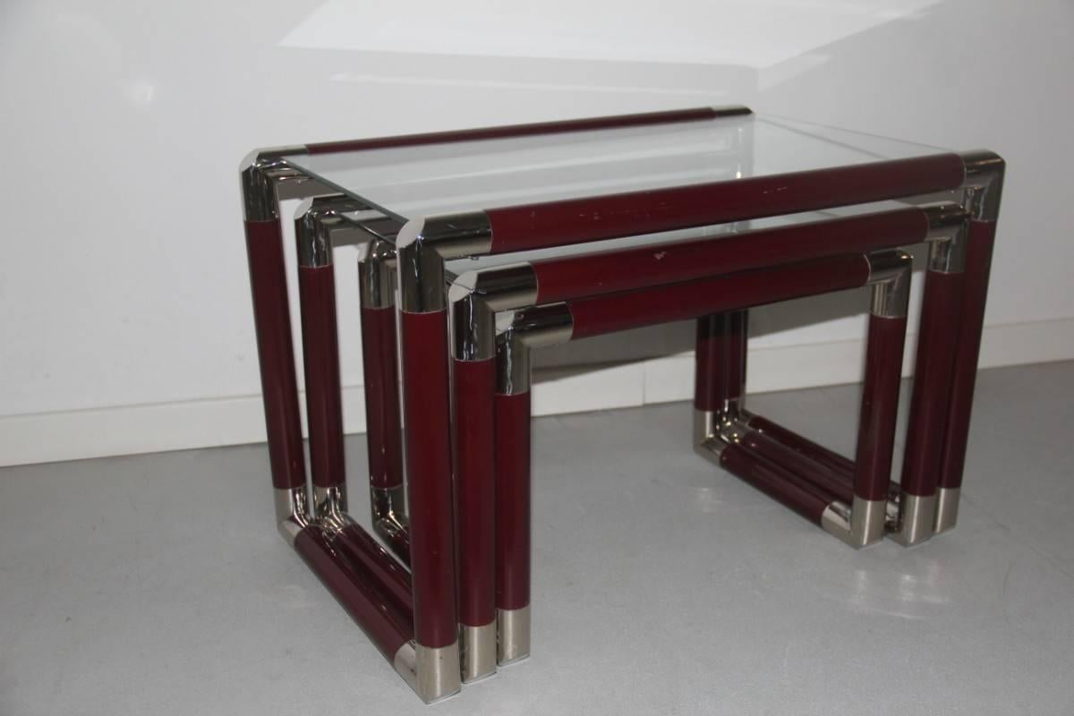 Triptych Nesting Tables 1960 Italian Design Lacquered Metal Chrome For Sale 1