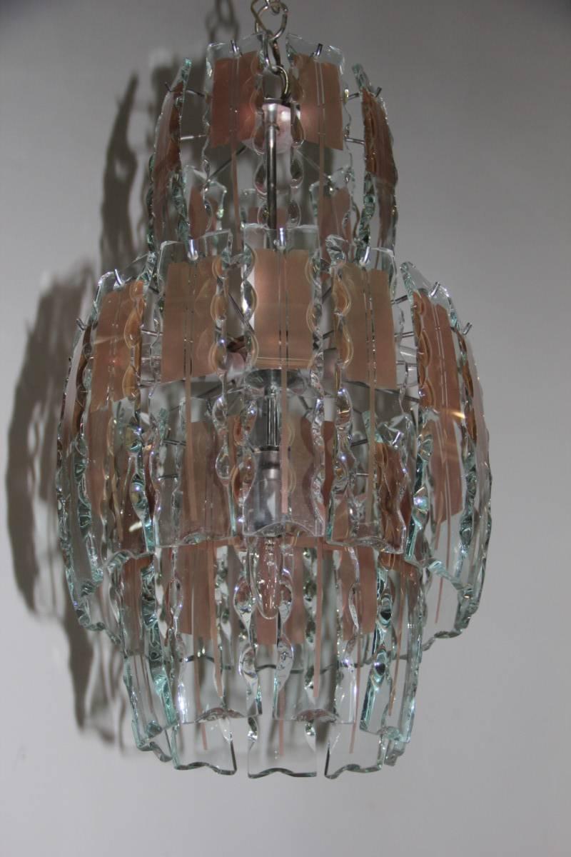 Pair of Chandelier Curved Glass, 1970s, Crystall, Steel, Italian Design Chipped For Sale 4