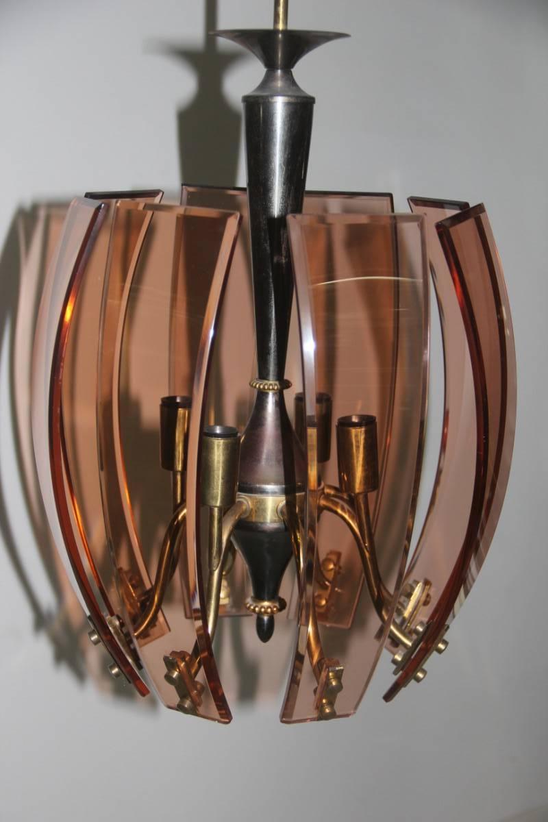 Brass and Curved Glasses Chandelier, 1950s In Good Condition For Sale In Palermo, Sicily