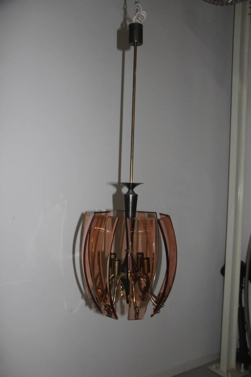 Mid-Century Modern Brass and Curved Glasses Chandelier, 1950s For Sale