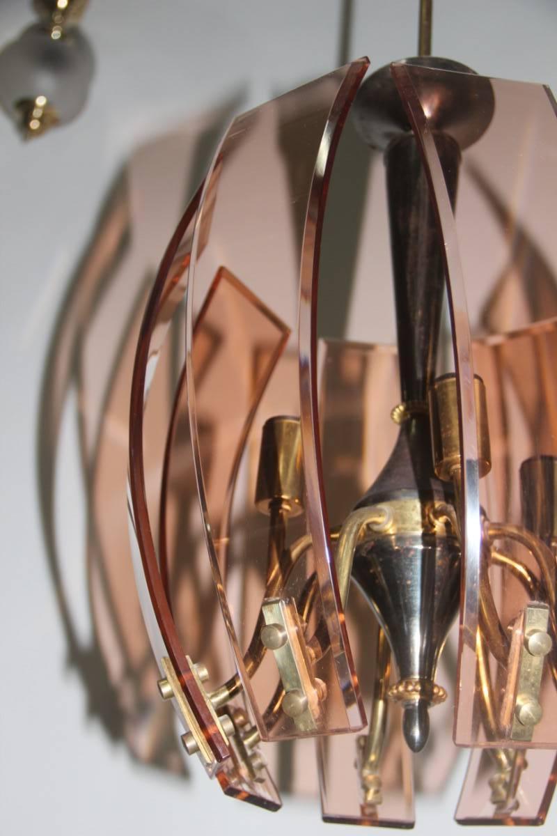 Brass and Curved Glasses Chandelier, 1950s For Sale 1
