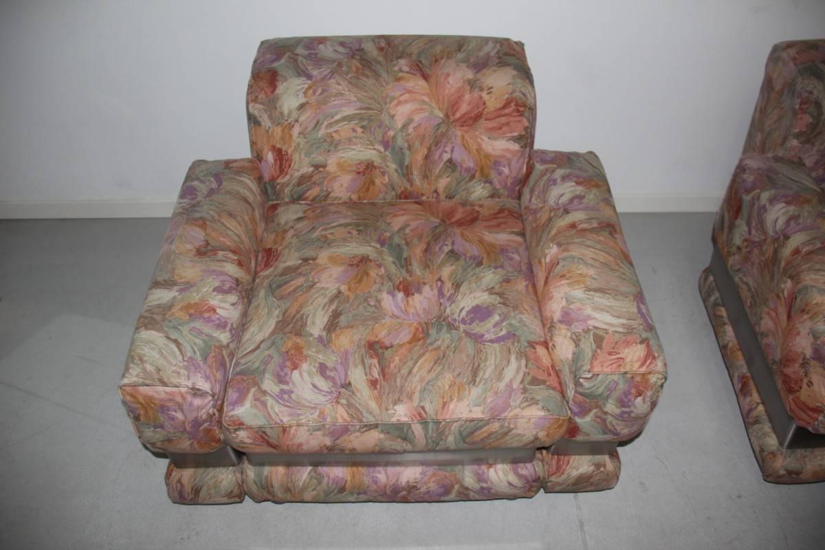 Steel 1970 Chic and Very Stylish Naif Armchairs with Ottoman Pop Art Flowers  For Sale