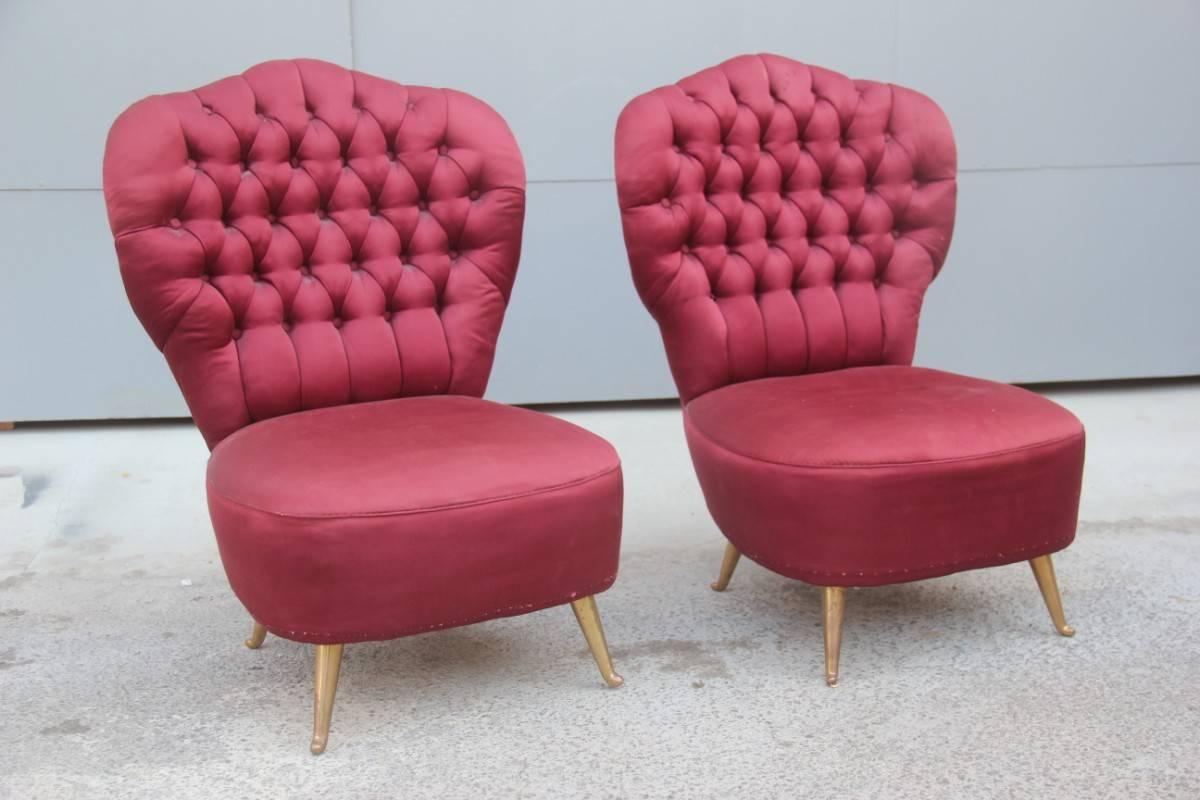 Pair of Armchairs 1950s Isa Bergamo Mid-Century Italian Design Red Color, 1950s In Good Condition For Sale In Palermo, Sicily