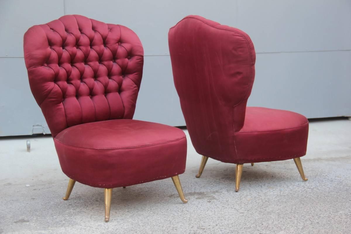 Brass Pair of Armchairs 1950s Isa Bergamo Mid-Century Italian Design Red Color, 1950s For Sale