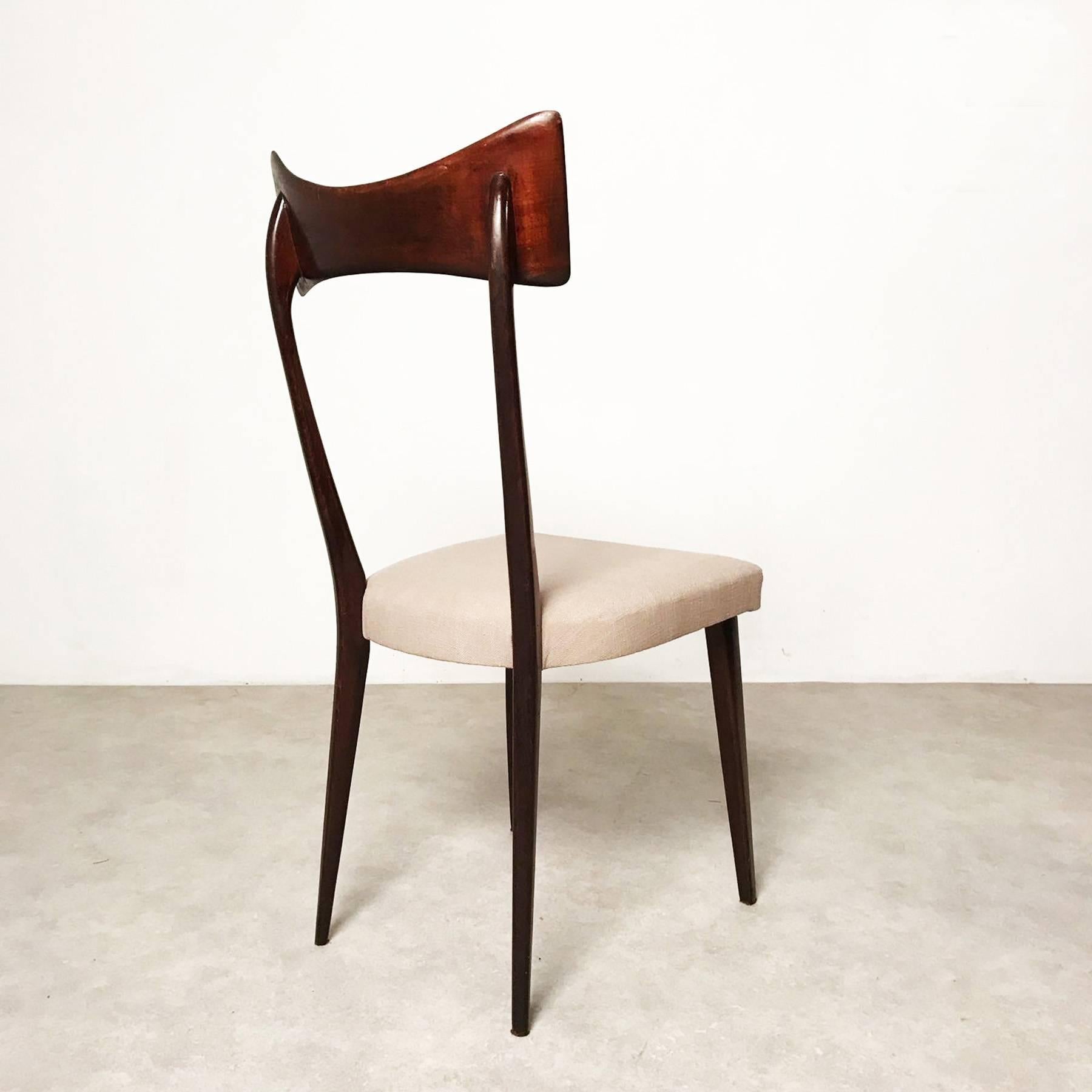 A set of six stunning dining chairs, designed and manufactured in the 1940s or 1950s in Italy. The chairs stand out for their beautiful organic design, which clearly reminds of works by Ico Parisi. 

All chairs are in a good used condition with