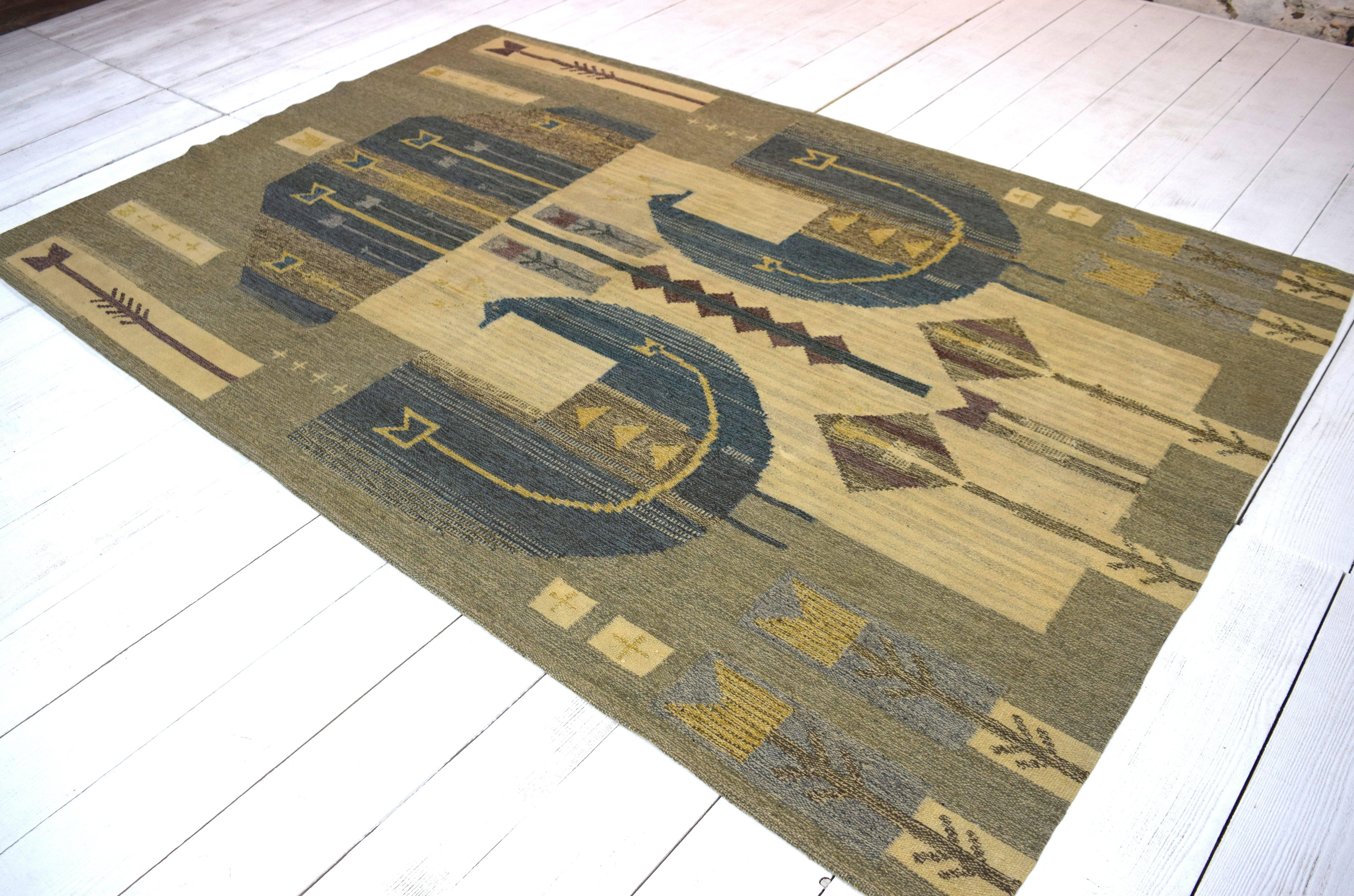 Woven Rare, Mid-20th Century, Swedish Signed Tapestry Rug For Sale