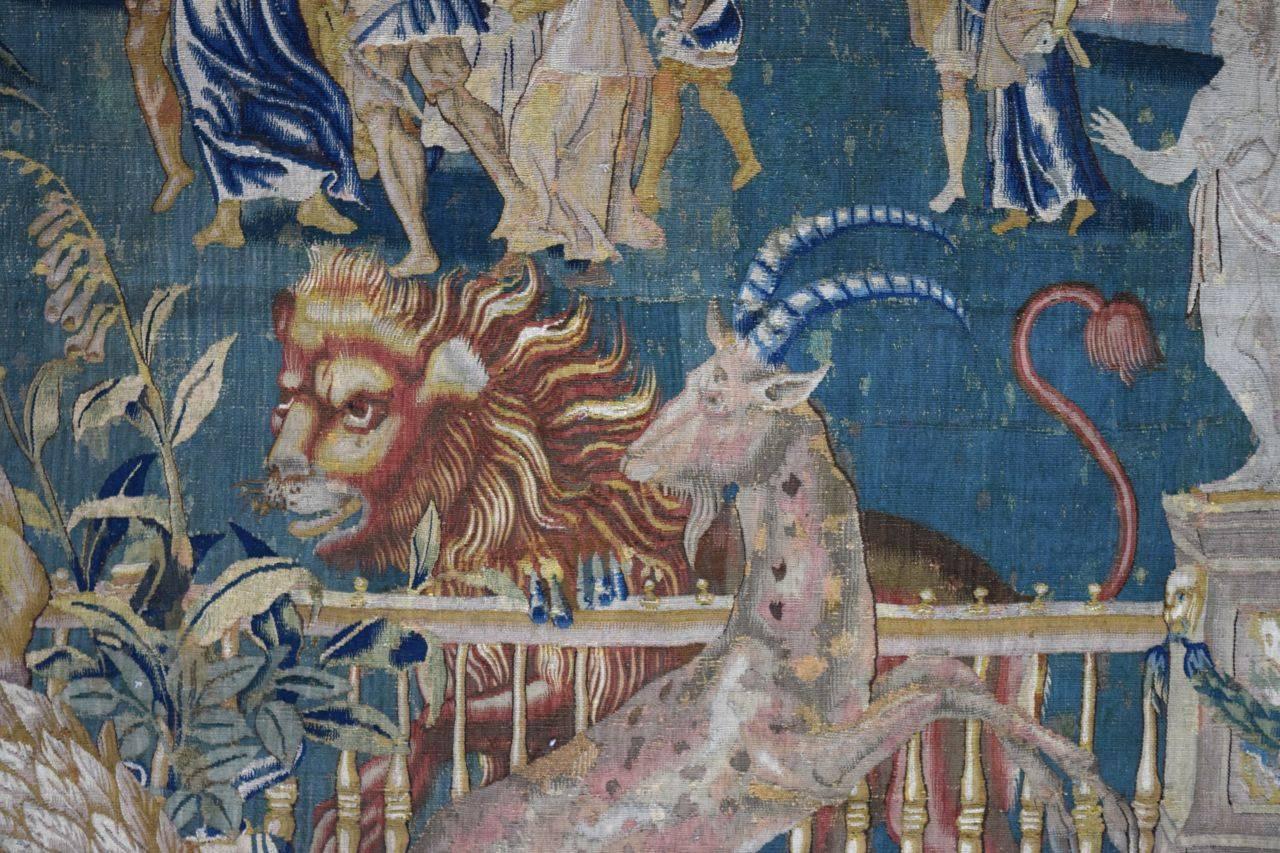 Rare, and very beautiful indeed, a large panel from a 16th century Flemish 'Game Park' tapestry. Probably woven in the town of Oudenarde, the tapestry is full of wonderful details, and the lion, goat and griffin in the foreground are very splendid