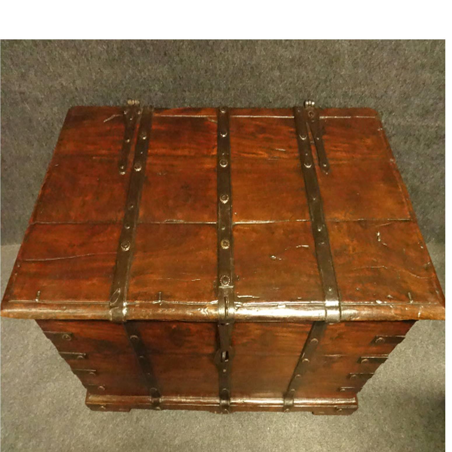 Mid-19th Century Early C19th Small Size Iron Bound Teak Box Coffer