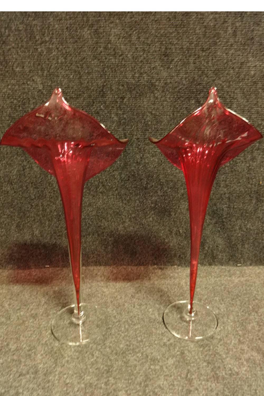 A large pair of Victorian jack in the pulpit cranberry glass vases, in excellent condition.