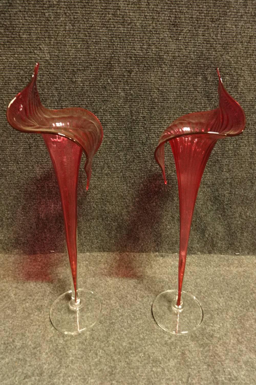 Pair of 'Jack in the Pulpit' Victorian Cranberry Vases In Excellent Condition For Sale In Applyby Magna, Staffordshire