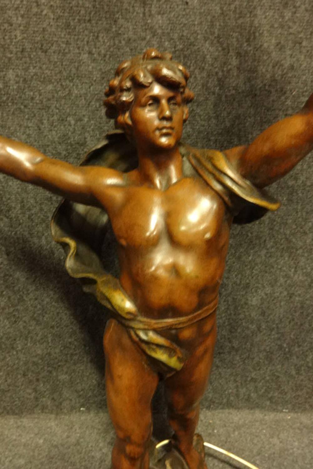 Lovely French Bronzed Spelter Lamp 'Primax' Signed Moreau, C.1900 For Sale 1