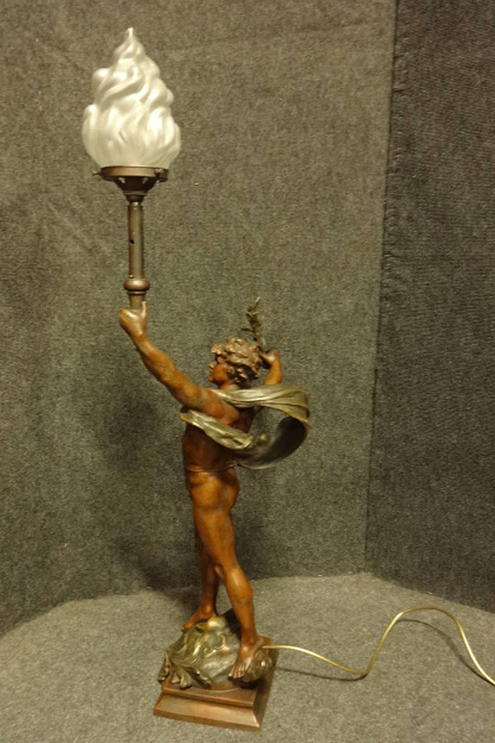 Lovely French Bronzed Spelter Lamp 'Primax' Signed Moreau, C.1900 In Good Condition For Sale In Applyby Magna, Staffordshire