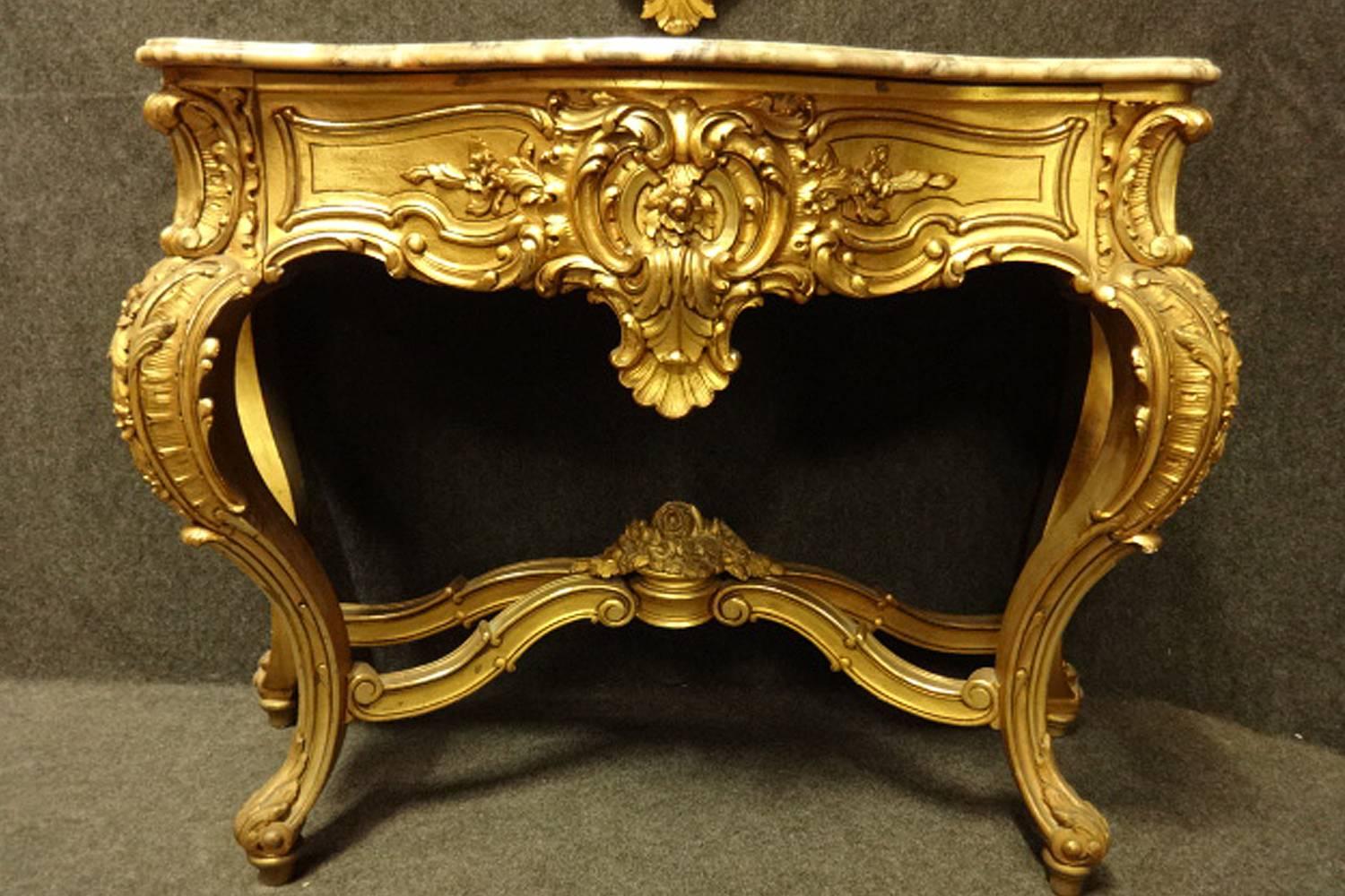 French Gilt amd Marble Topped Console Table with Matching Mirror early C20th In Good Condition For Sale In Applyby Magna, Staffordshire
