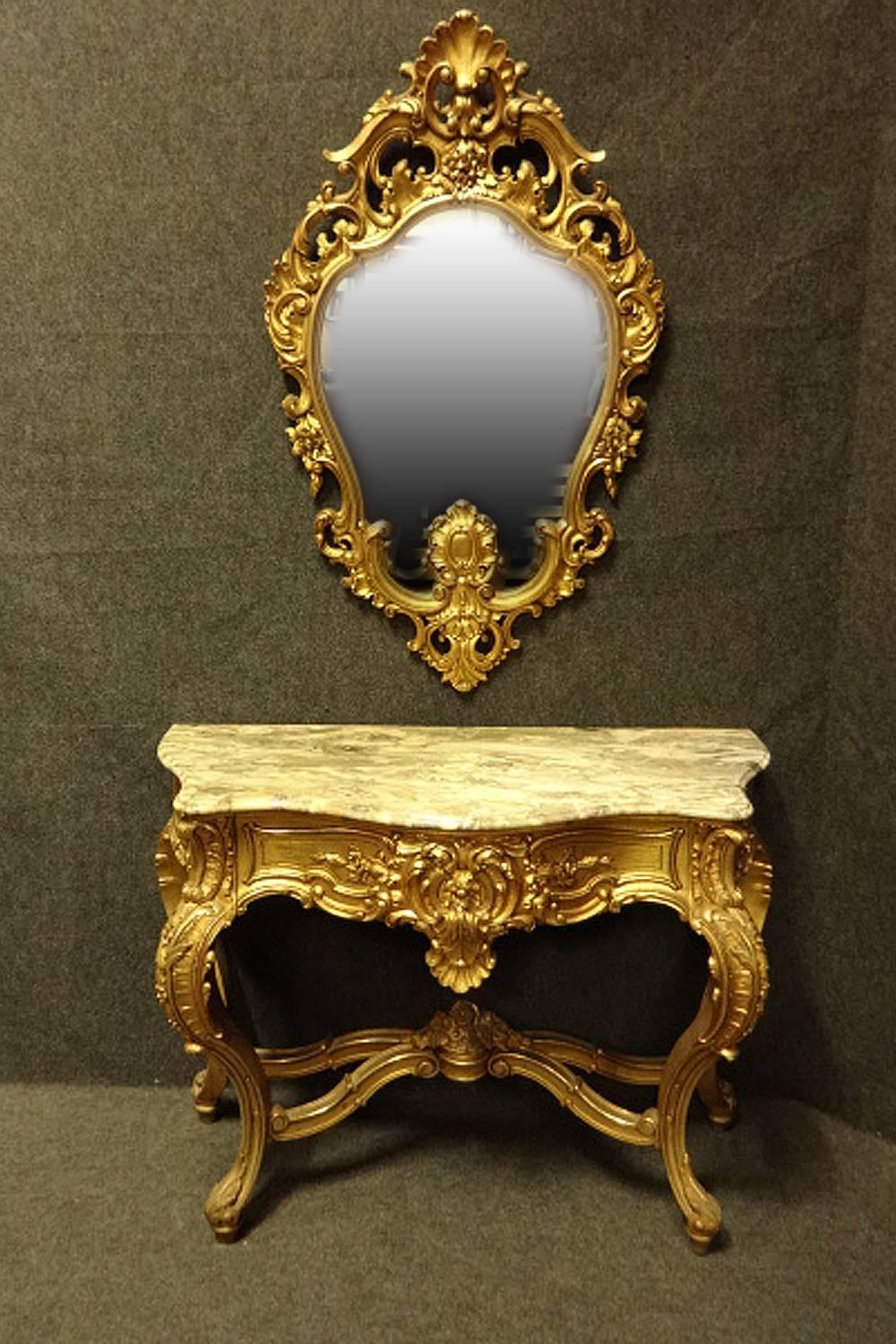 French Gilt amd Marble Topped Console Table with Matching Mirror early C20th For Sale 2