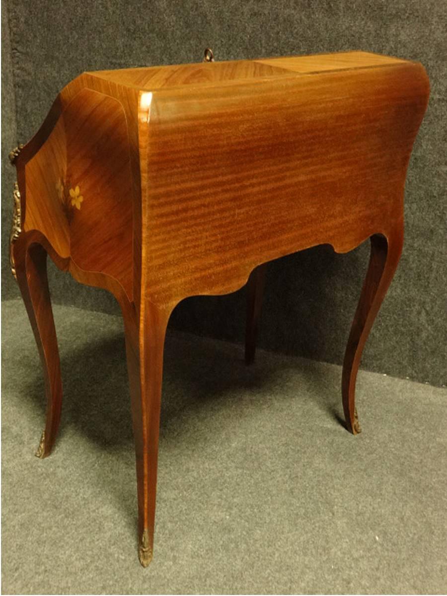 A good French kingwood and marquetry bombe shaped bureau, lovely burr walnut interior with well, in excellent original condition.