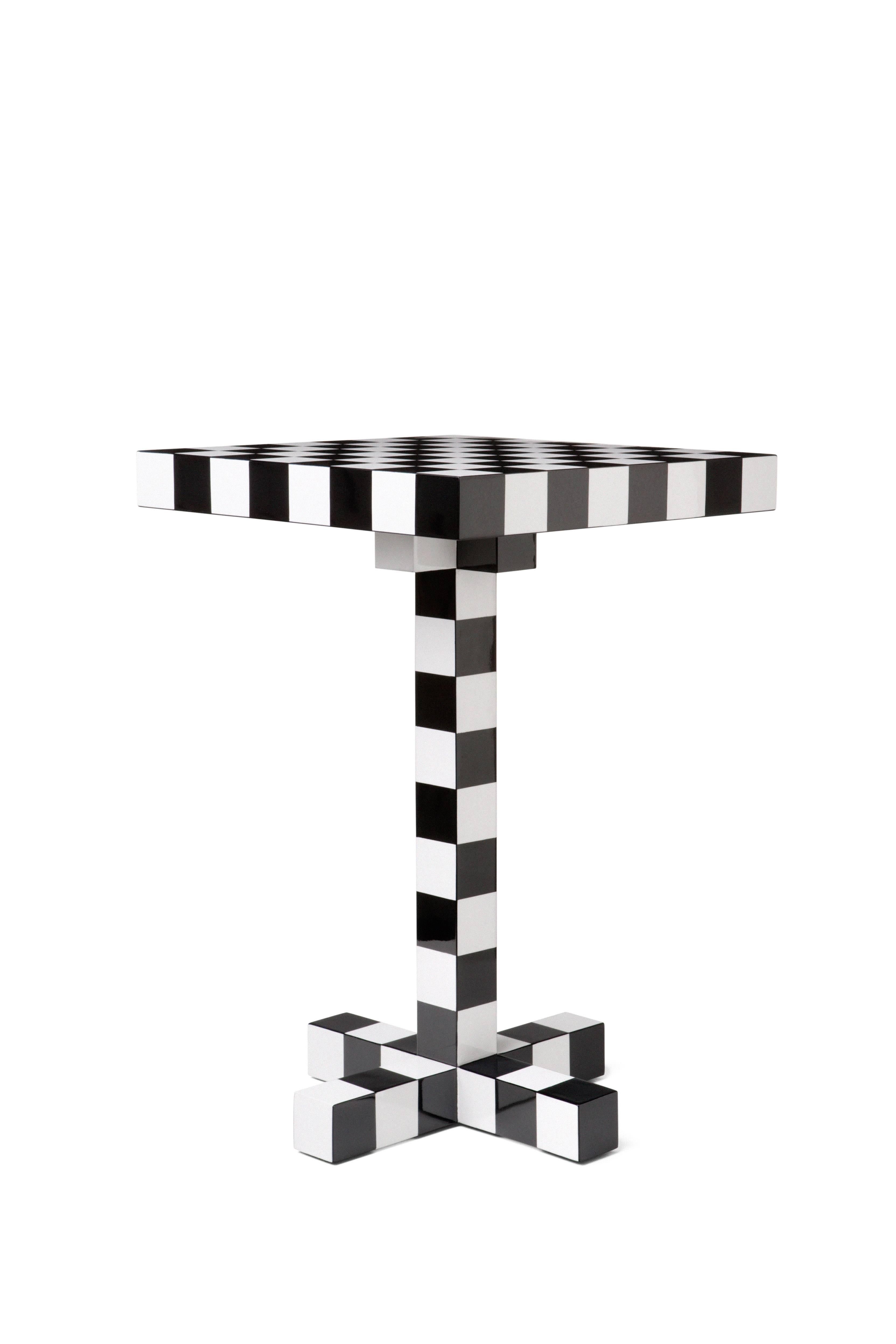 The decoration on the side table can be used for playing games. A table for pastime, rivalry and cleverness.

Made of wood with internal steel frame, finished in high gloss lacquer, MDF top.

The chess table has a polished stainless steel