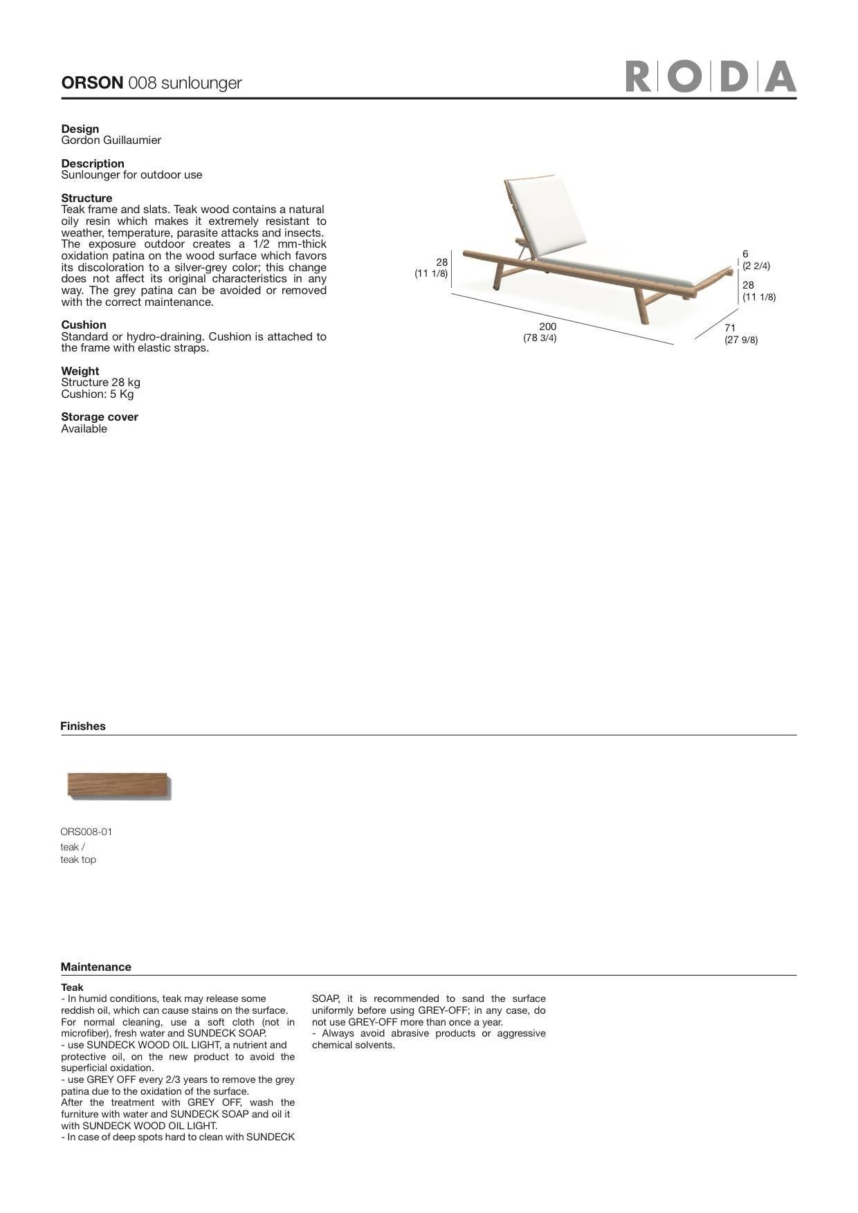 Italian Roda Orson Adjustable Sunlounger for Outdoor Use in Teak with Optional Cushion For Sale