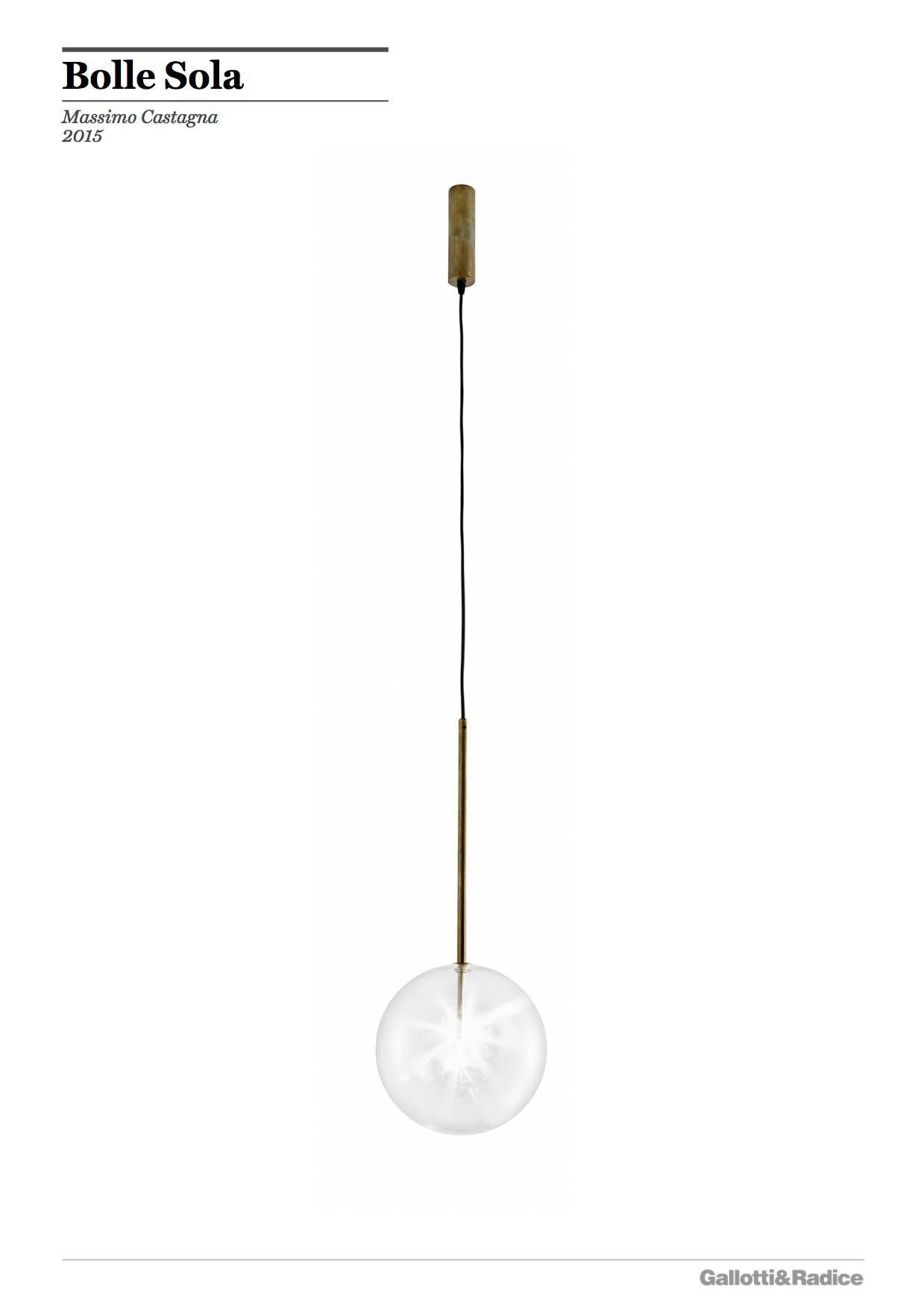 Modern Gallotti and Radice Bolle Sola Suspension Lamp in Hand Burnished Brass and Glass For Sale
