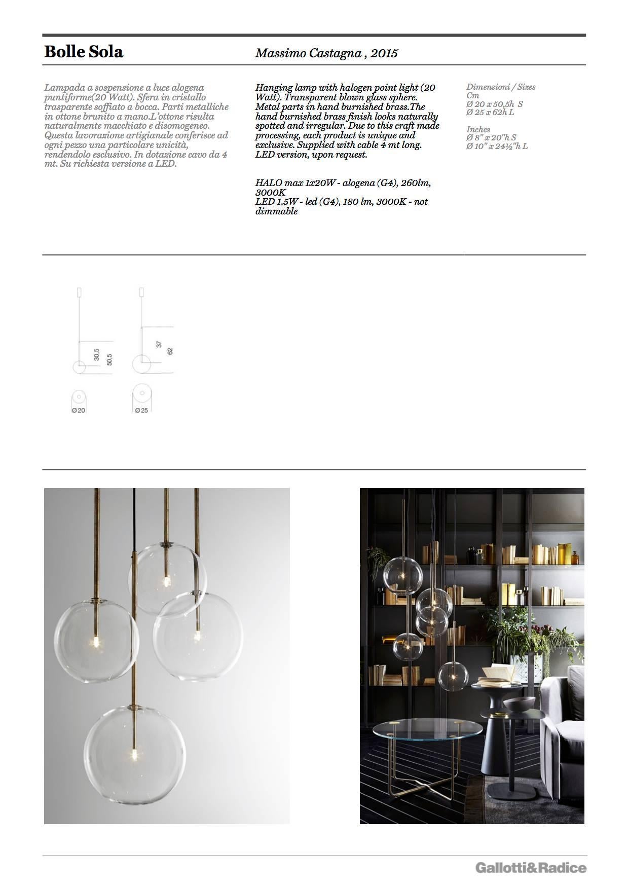 Italian Gallotti and Radice Bolle Sola Suspension Lamp in Hand Burnished Brass and Glass For Sale