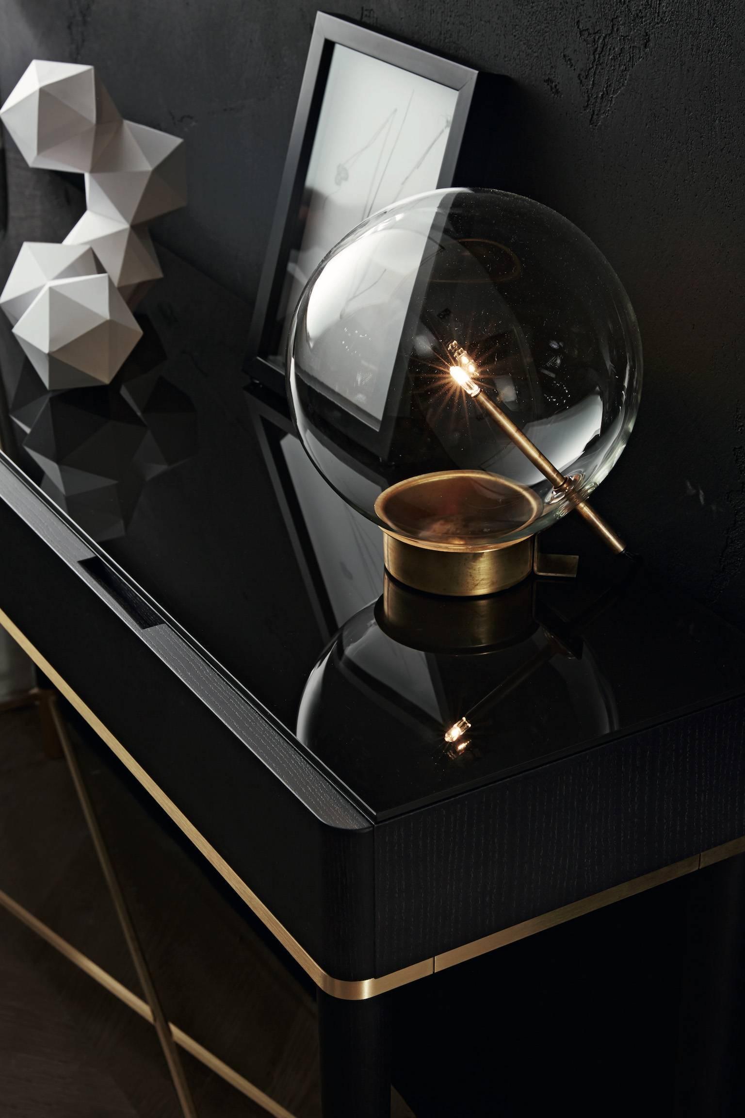 Modern Gallotti & Radice Tama Two-Drawer Console in Black Lacquered Ash/Brass/Glass For Sale