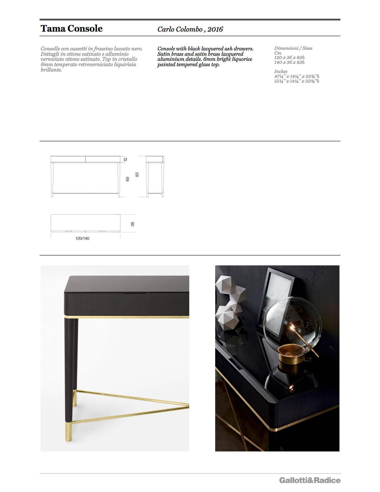 Brushed Gallotti & Radice Tama Two-Drawer Console in Black Lacquered Ash/Brass/Glass For Sale