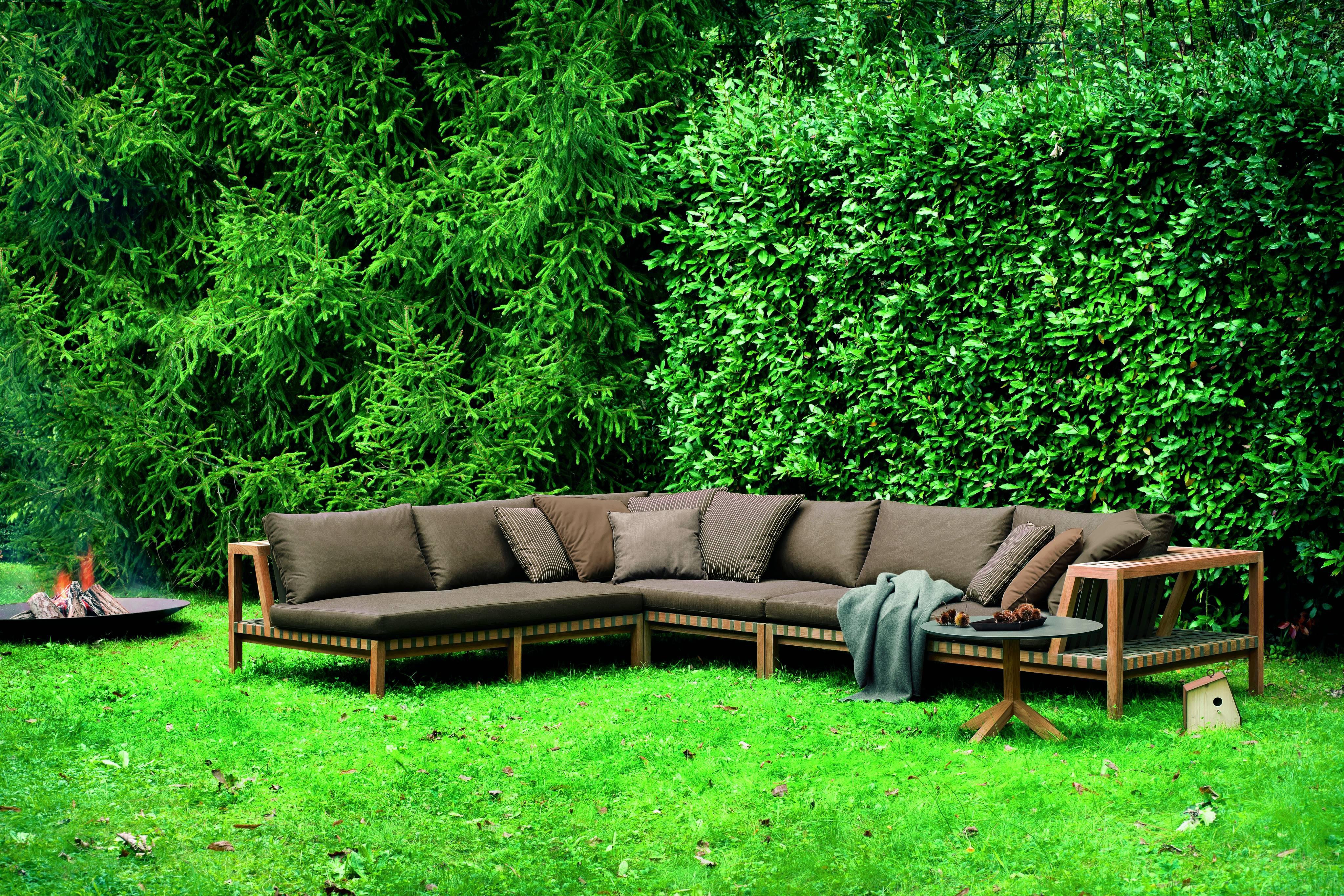 Roda  Outdoor Network Sofa Teak w/ Grey Belts & Tan Cushions in Stock & On Sale! For Sale 1