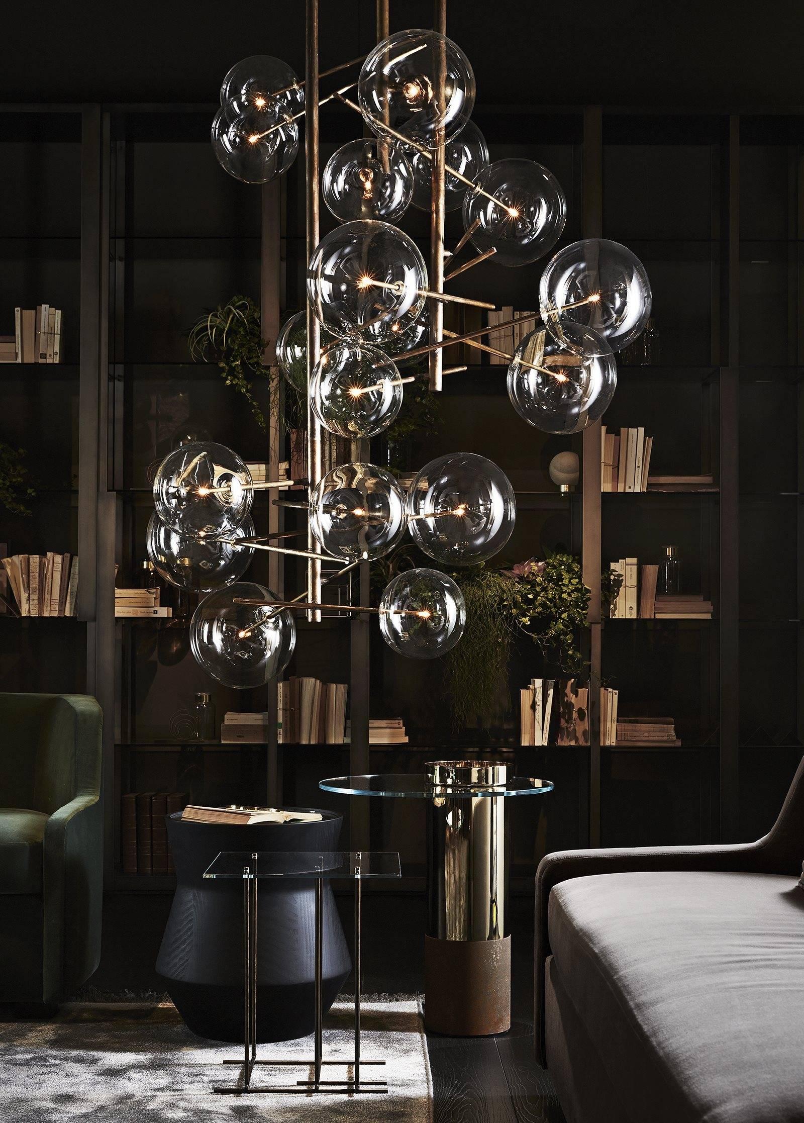 Italian Gallotti & Radice Four Sphere Bolle Suspension Lamp in Glass and Burnished Brass For Sale