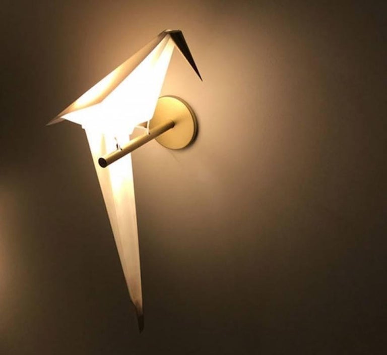 Moooi Perch LED Wall Sconce Light in Brass with Small White Bird For