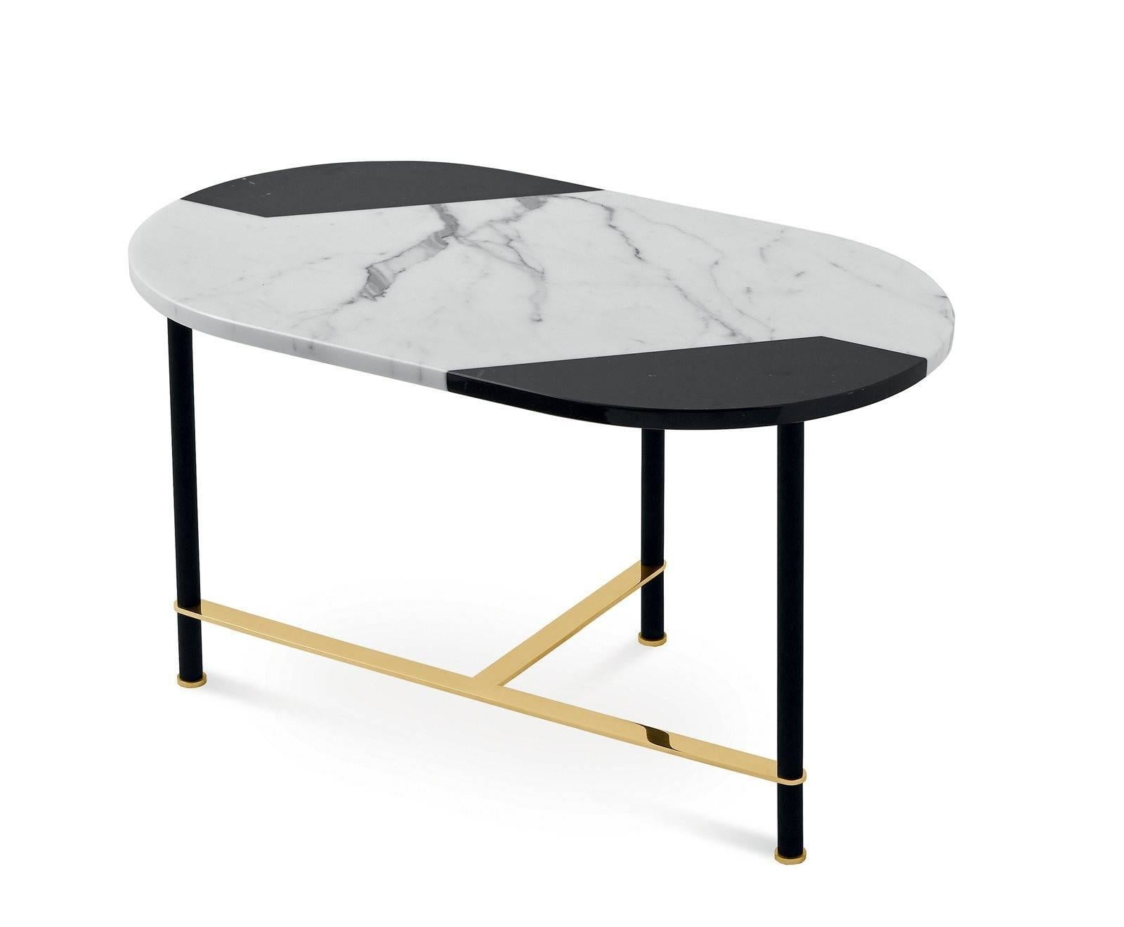 Brass Coffee or Side Table with Inlaid Wooden Top in “Tweed” Pattern or Marble For Sale