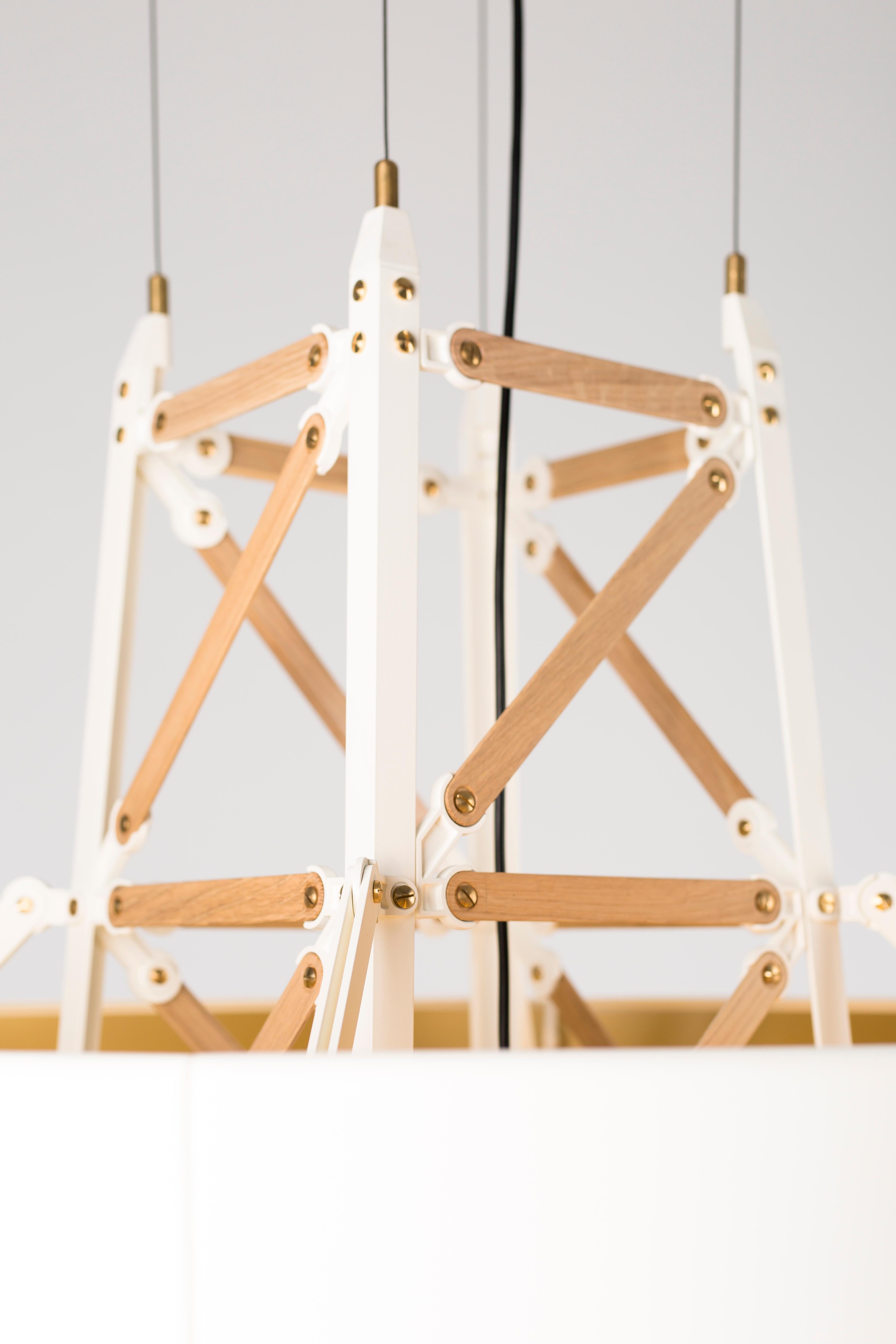 Moooi construction pendant lamp medium in white and wood with brass details.

Inspired by the vast number of combinations possible with the tools and bolts present in his giant workshop, Joost van Blejswijk started playing with them and ended up