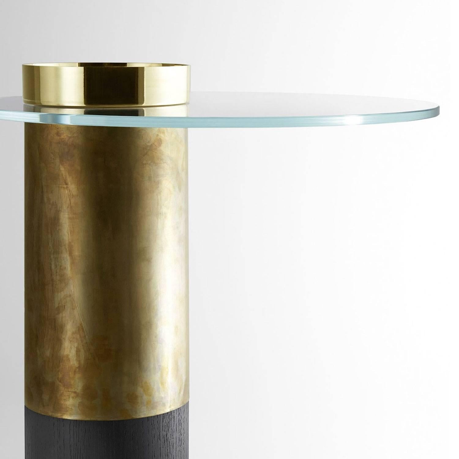 Blackened Dining or Lounge Table in Glass, Burnished Brass, Copper and Rust For Sale