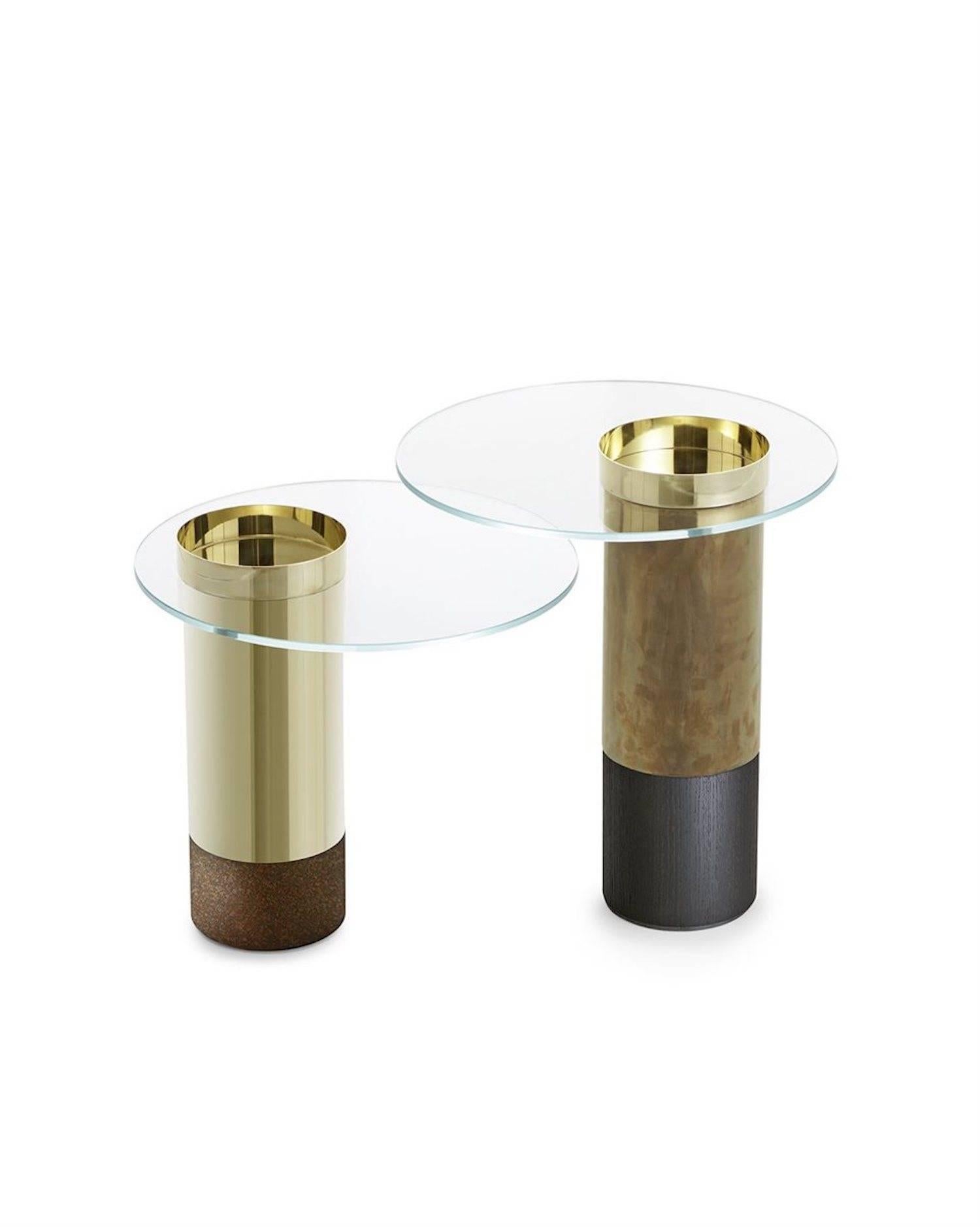 Contemporary Dining or Lounge Table in Glass, Burnished Brass, Copper and Rust For Sale