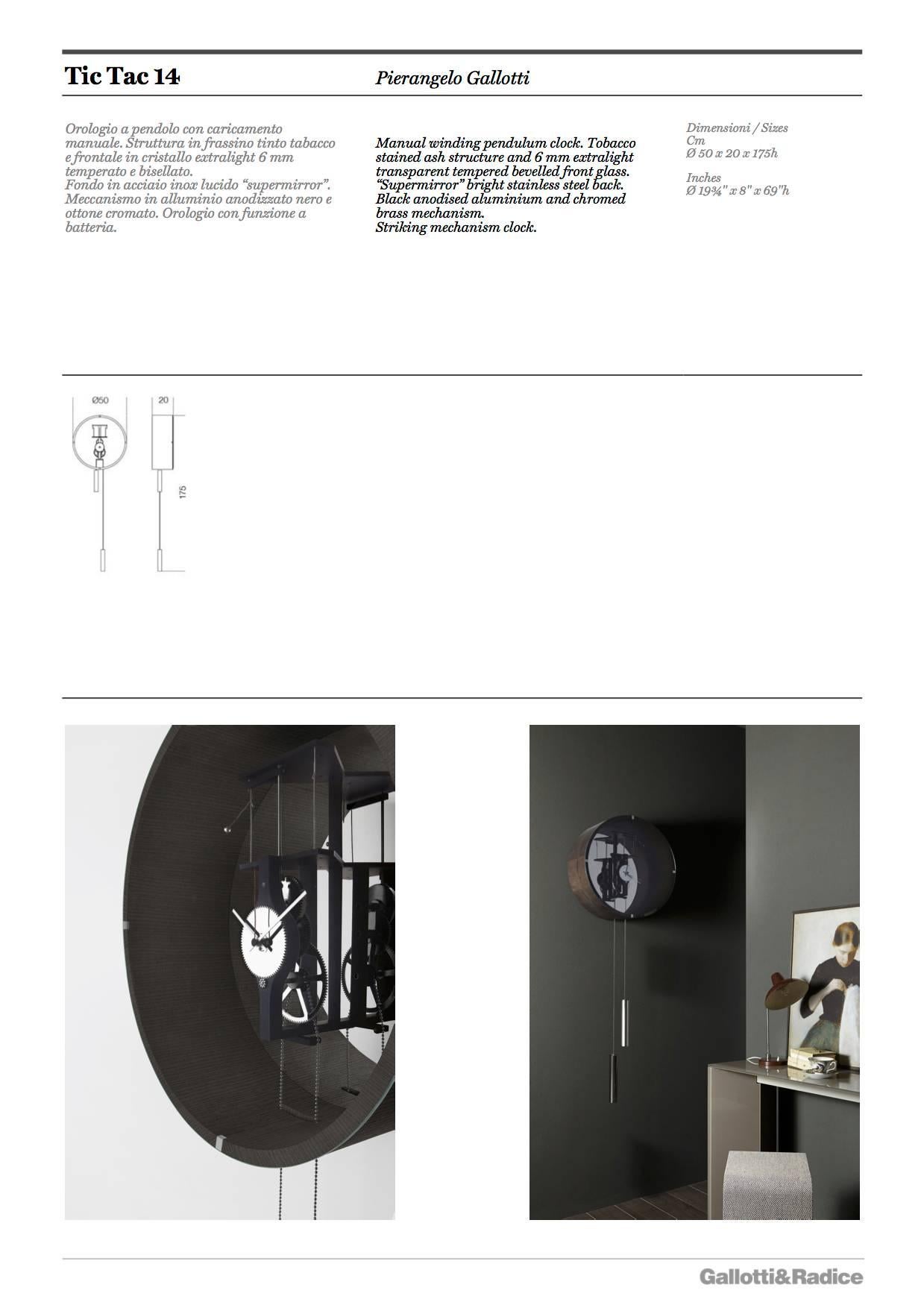 Modern Gallotti & Radice Tic Tac 14 Self Winding Pendulum Clock in Tobacco Stained Ash For Sale