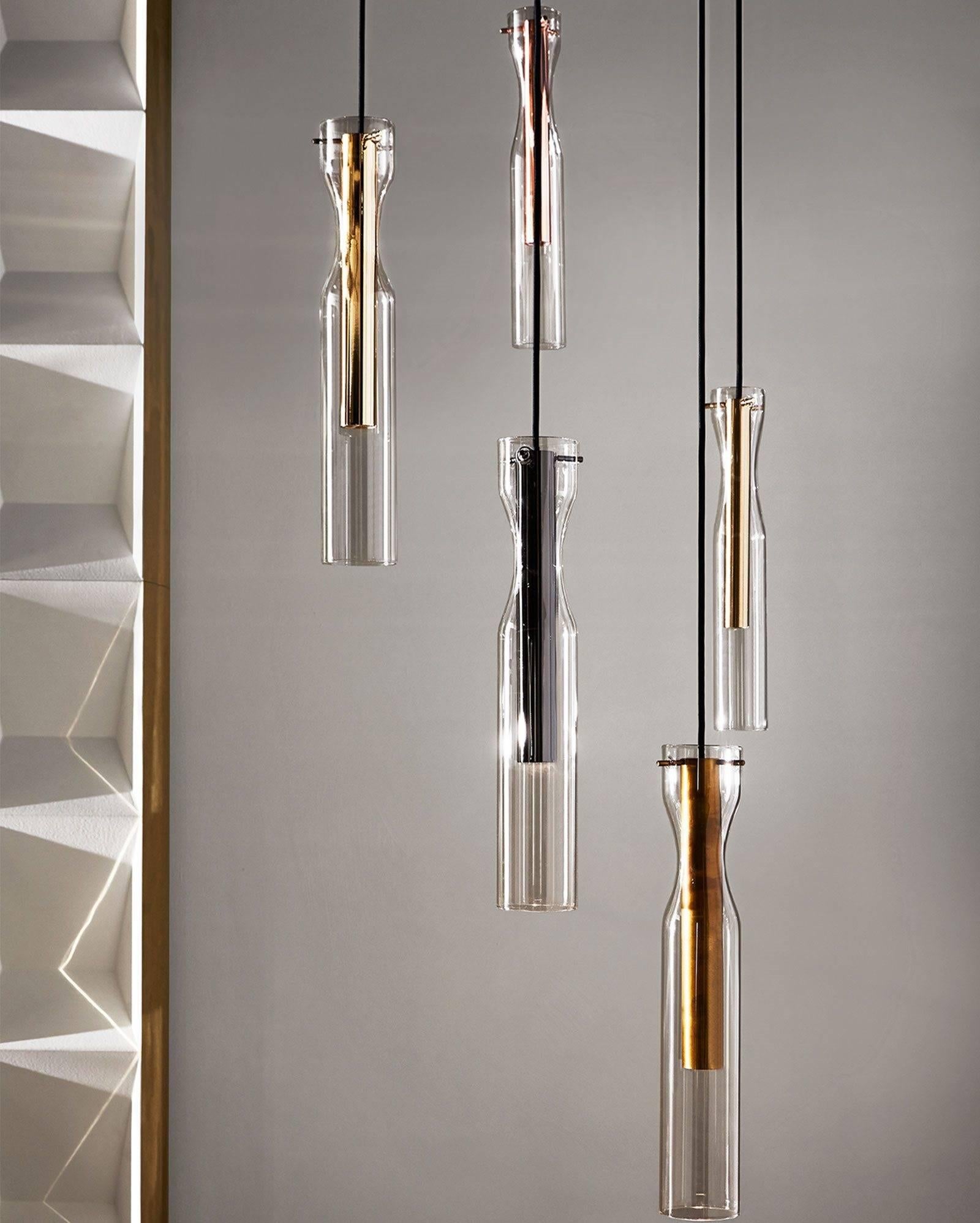 Modern Pendant Light with Handblown Glass Globes and Brass Details by Gallotti & Radice For Sale