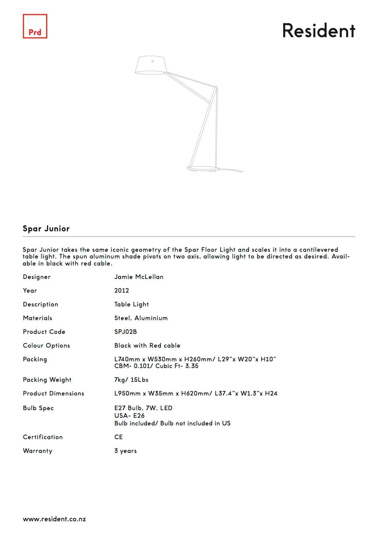 Contemporary Spar Junior Table or Task Lamp in Black with Red Cord by Resident For Sale