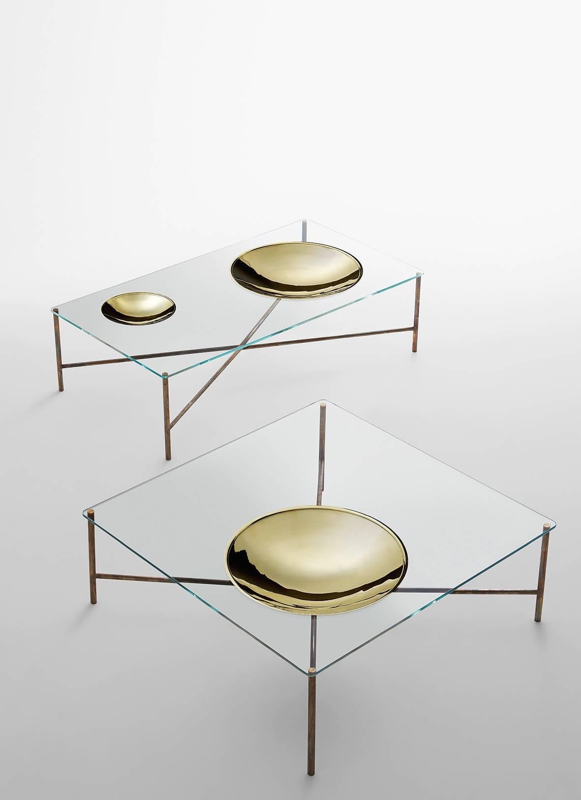 Modern Gallotti & Radice Golden Moon Coffee Table in Clear or Painted Glass and Brass For Sale