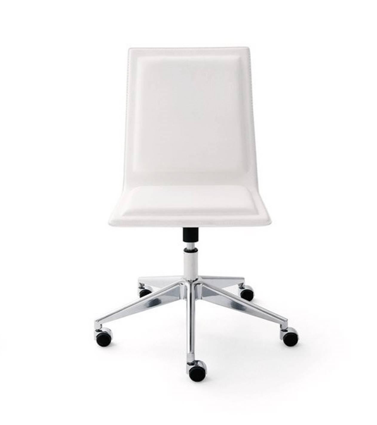Ergonomic and elegant office/task chair. 

Upholstered seat covered with suede or eco-leather as per samples. 

Three different heights for backrest. Swivel five-star base made of die-cast aluminium. Gas lift height adjustment, with castors or