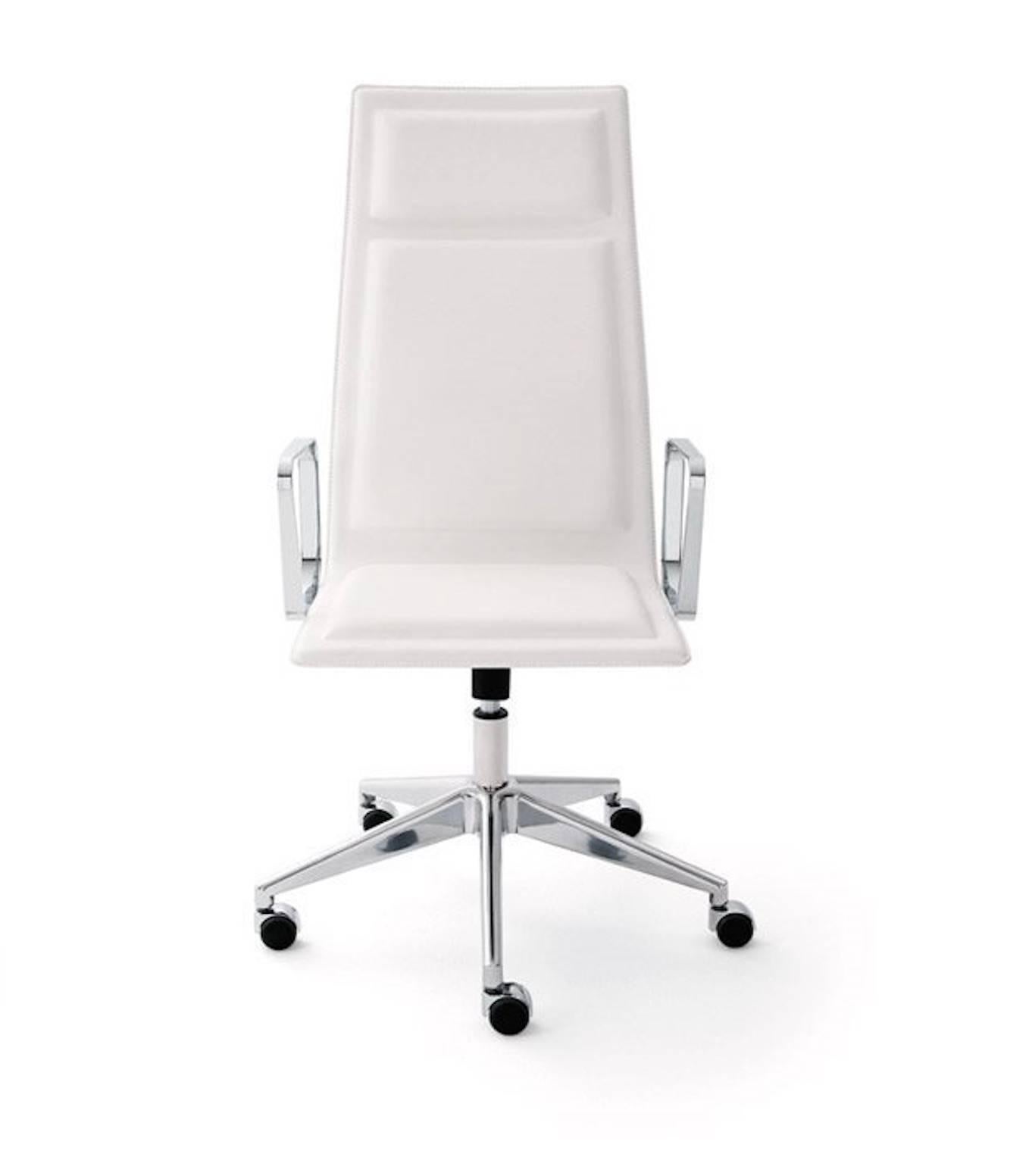 Ergonomic and elegant office chair. 

Upholstered seat covered with suede or eco-leather as per samples. 

Three different heights for backrest. Swivel five-star base made of die-cast aluminium. Gas lift height adjustment, with castors or feet.