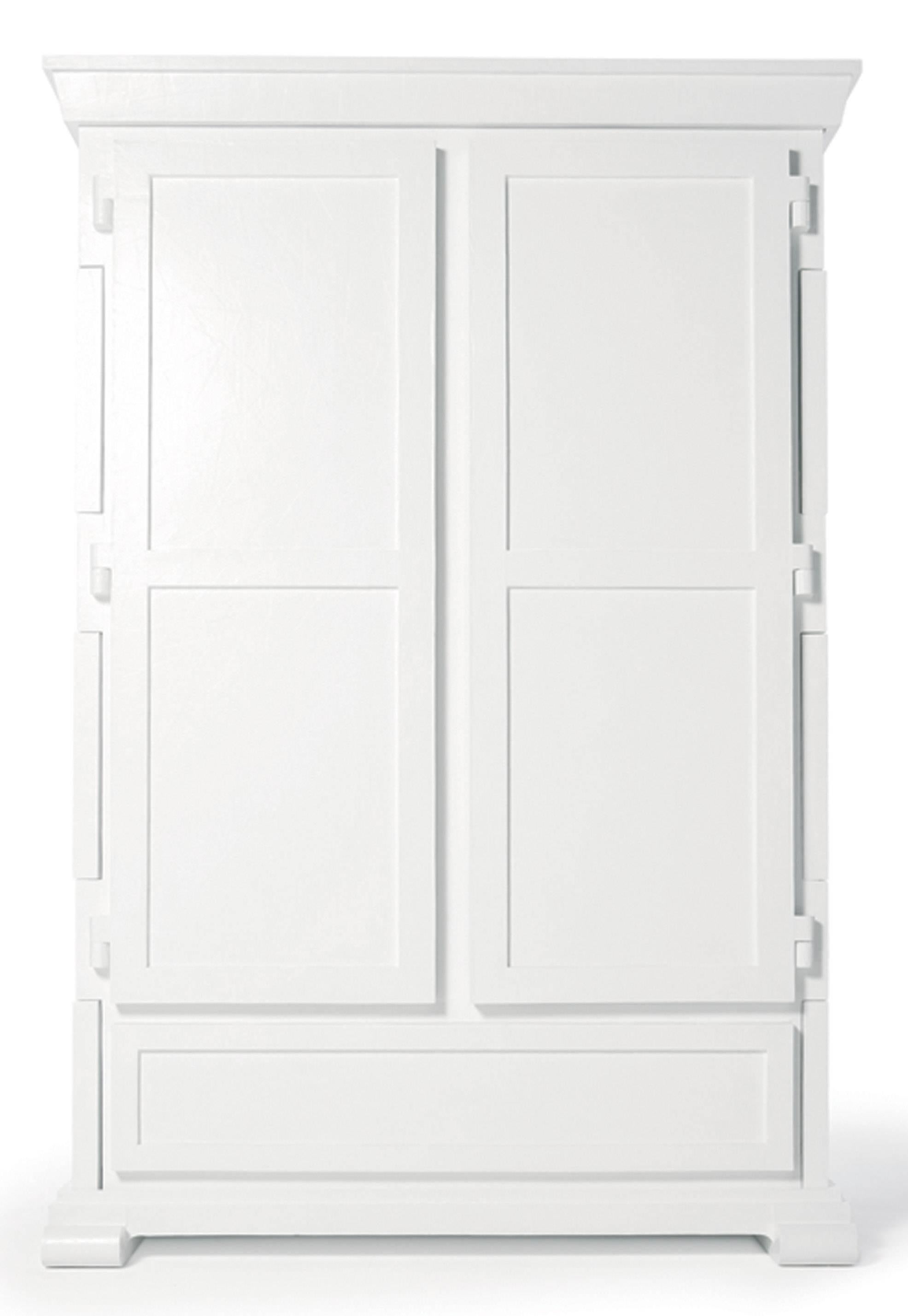 The paper cupboard appears to be a traditional cupboard in form, but upon closer look is composed of paper mâché elements in white. The cupboard has two large doors with three interior shelves and one large drawer.



 
