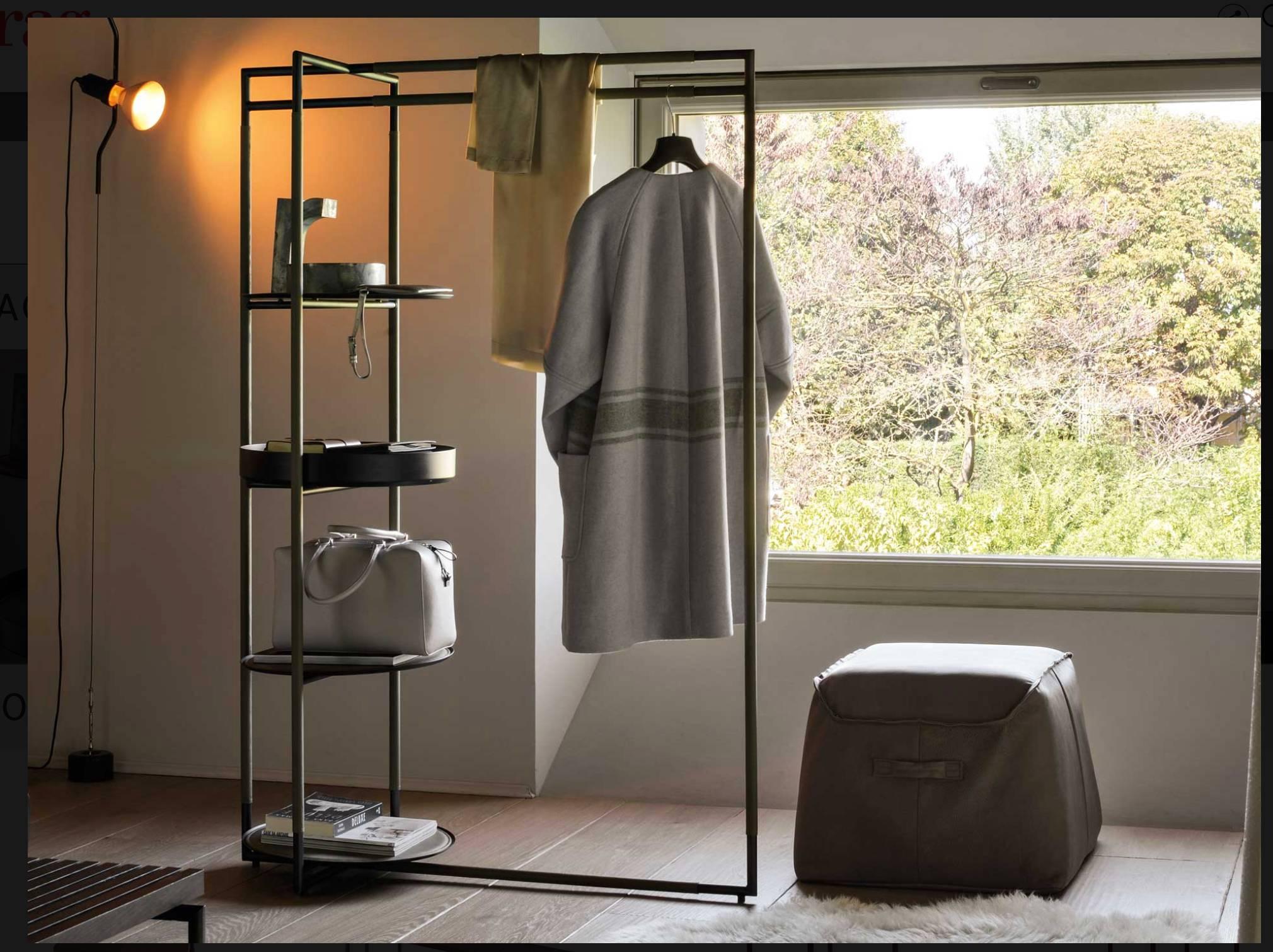 Bak valet stand
by Ferruccio Laviani

Valet stand with a brushed black steel frame upholstered with leather and slightly padded leather-upholstered steel shelves.

Measures: H 165, W 110, D 49.