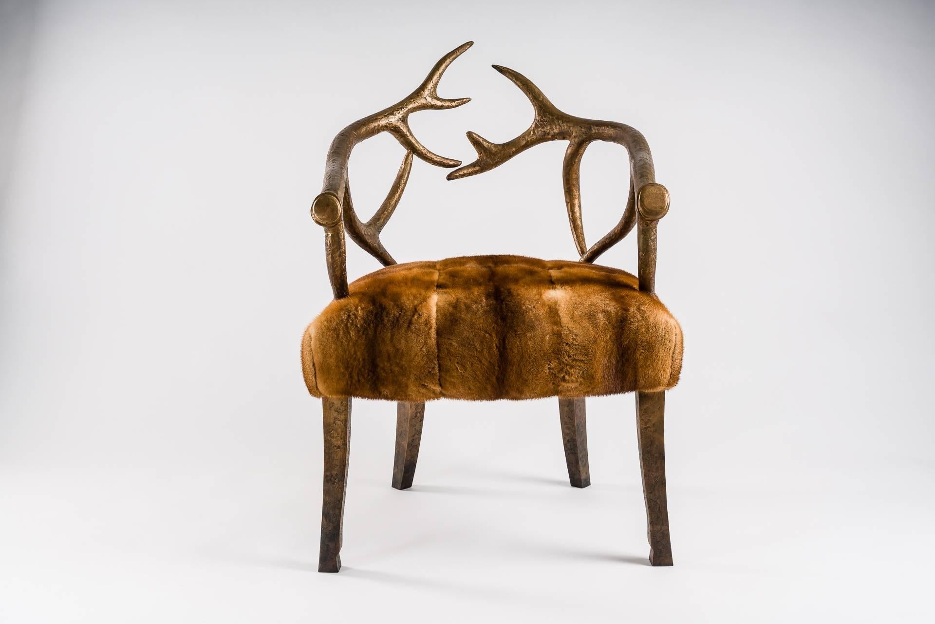 French Deer Bronze and Fur Armchair Golden Mink Upholstery For Sale